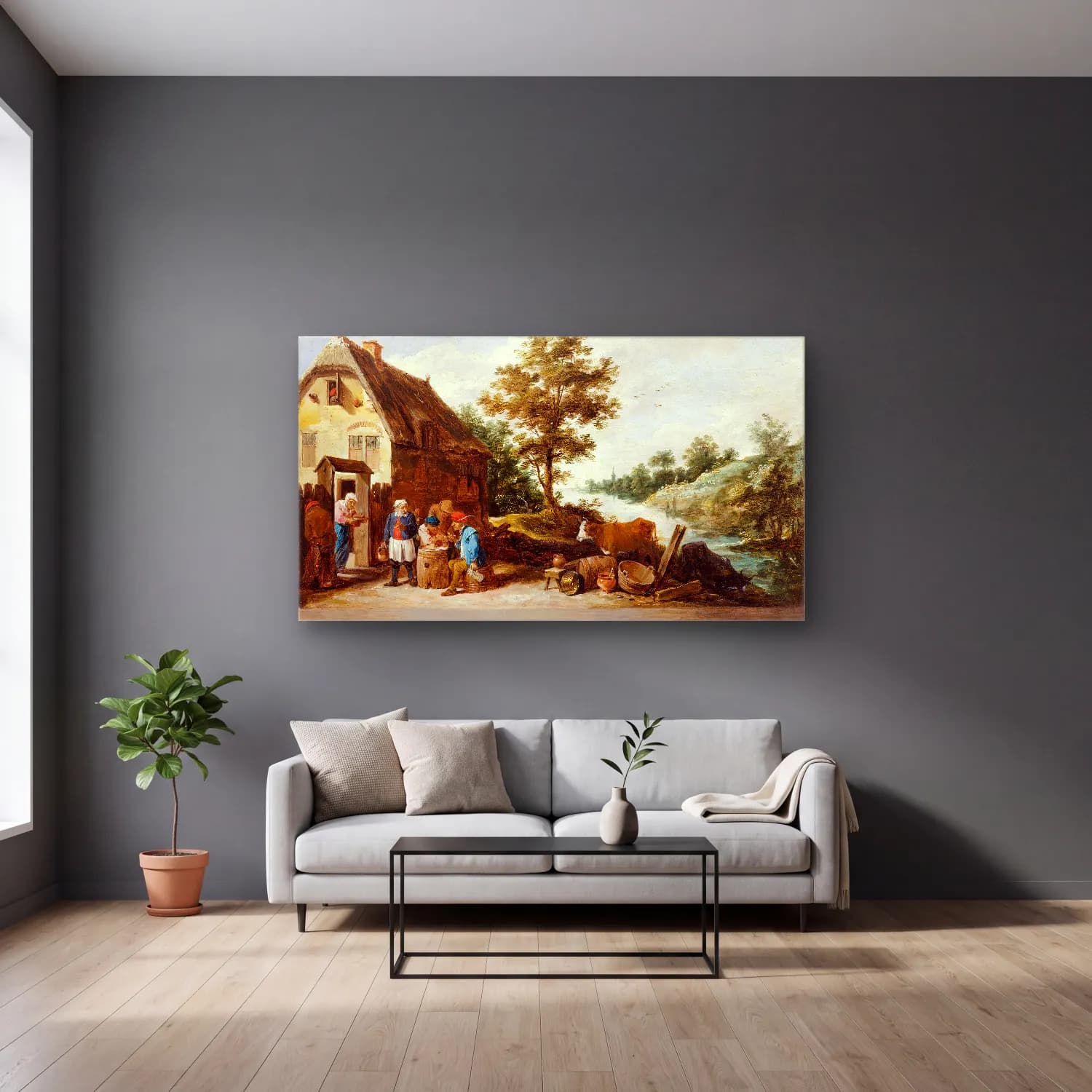 David Teniers The Younger – A Riverside Inn cam tablo — gri duvarlı salonda