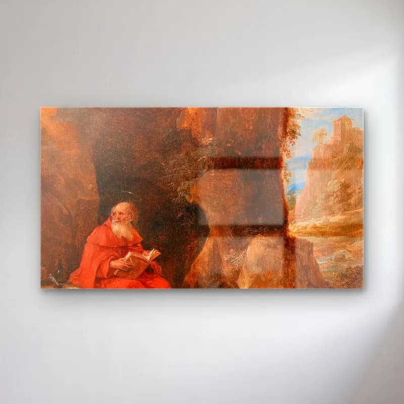 David Teniers The Younger – A landscape with Saint Jerome outside a grotto cam tablo — David Teniers The Younger – A landscape with Saint Jerome outside a grotto — yağlı boya dini sahne