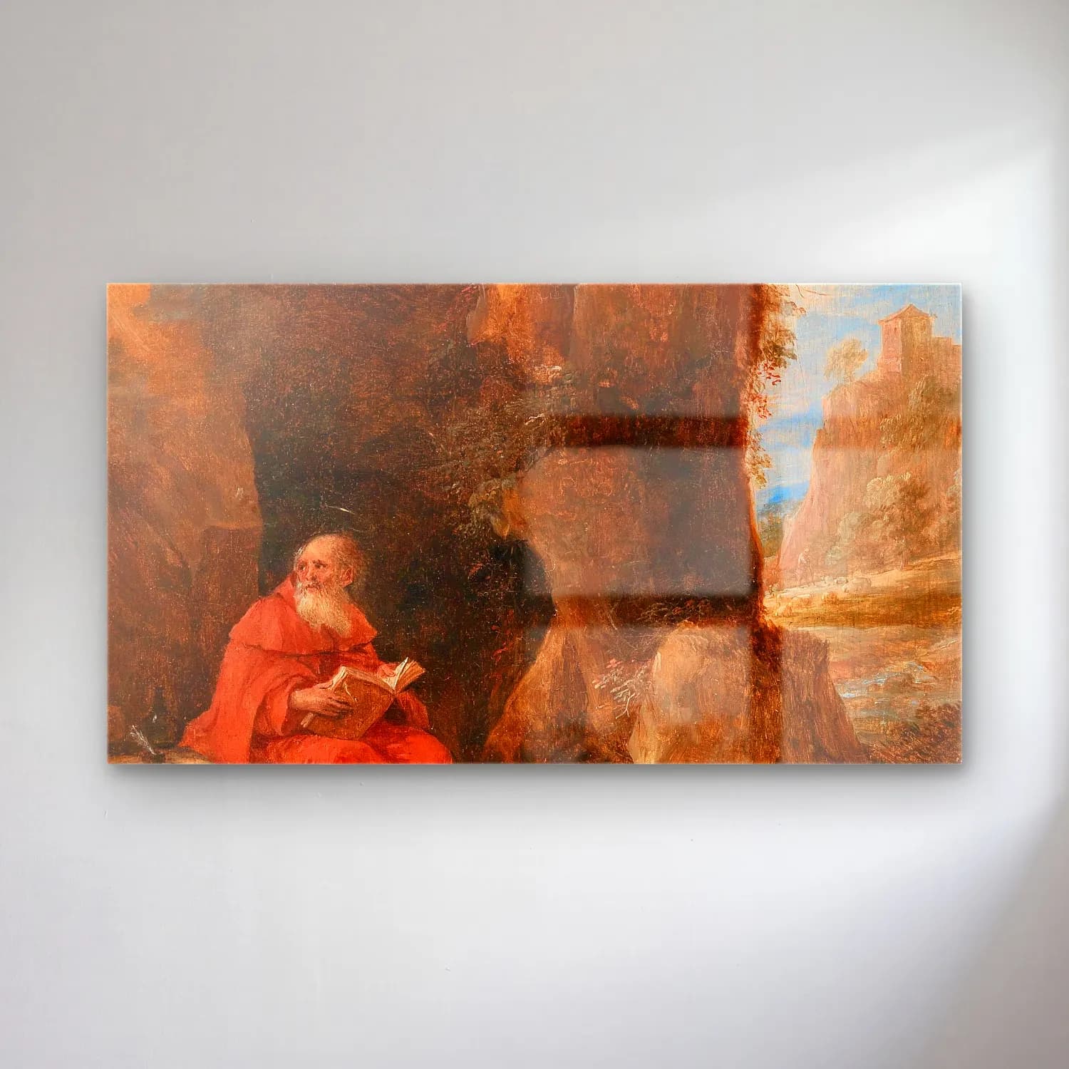 David Teniers The Younger – A landscape with Saint Jerome outside a grotto cam tablo — David Teniers The Younger – A landscape with Saint Jerome outside a grotto — yağlı boya dini sahne