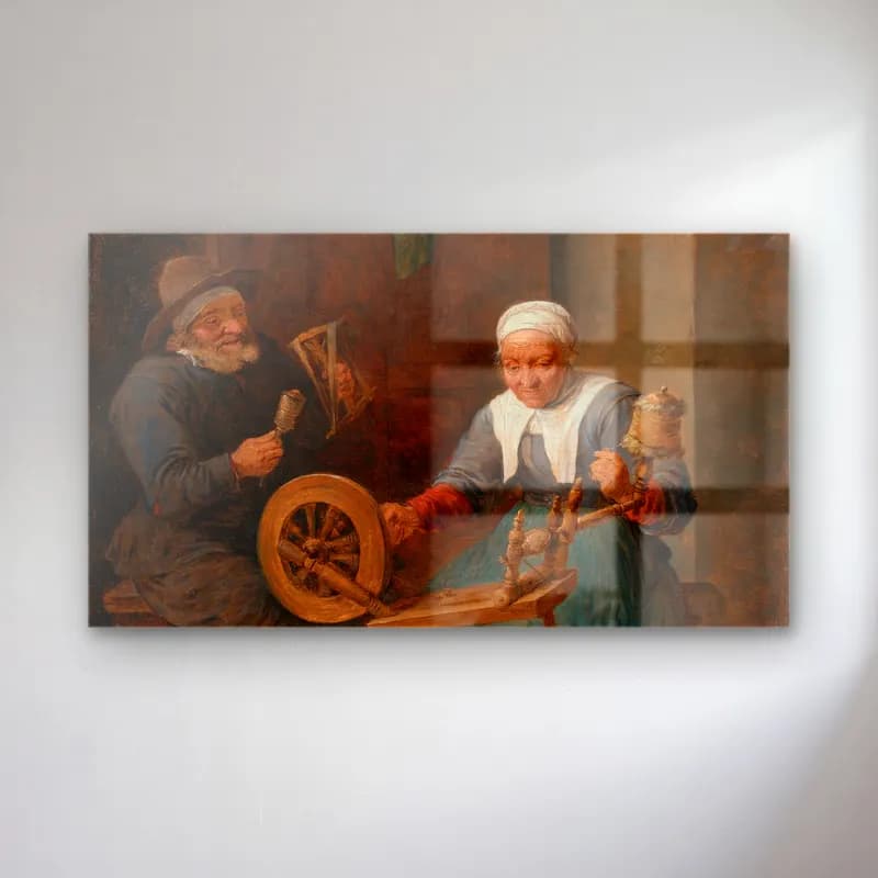 David Teniers The Younger – An Elderly Couple Spinning Wool in An Interior cam tablo — David Teniers The Younger – An Elderly Couple Spinning Wool in An Interior — yağlı boya kadın portresi