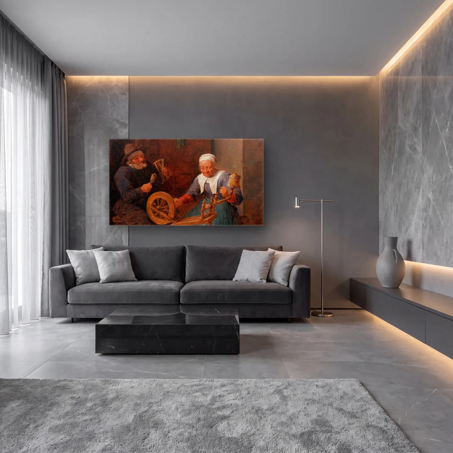 David Teniers The Younger – An Elderly Couple Spinning Wool in An Interior cam tablo — lüks salon duvarında