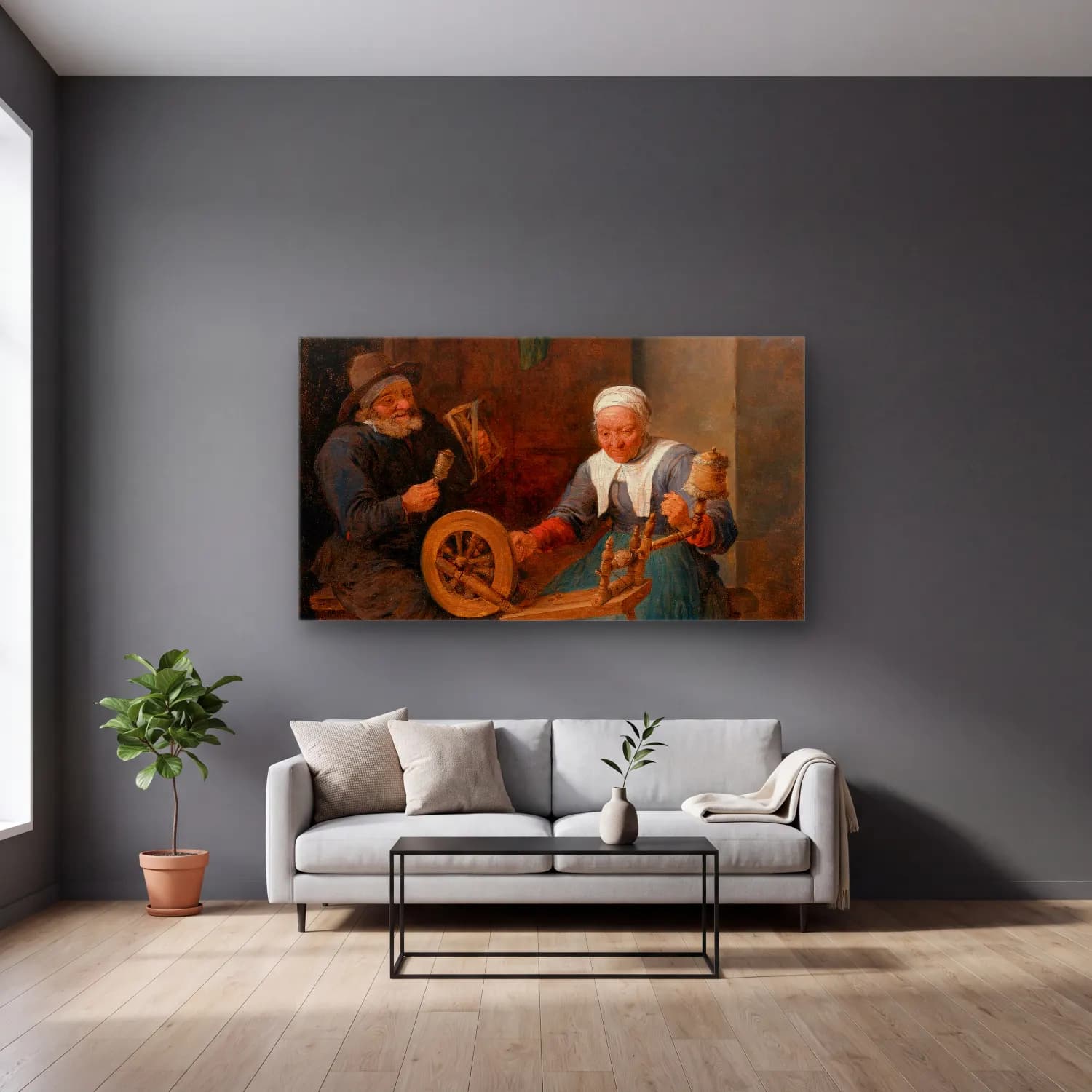 David Teniers The Younger – An Elderly Couple Spinning Wool in An Interior cam tablo — gri duvarlı salonda