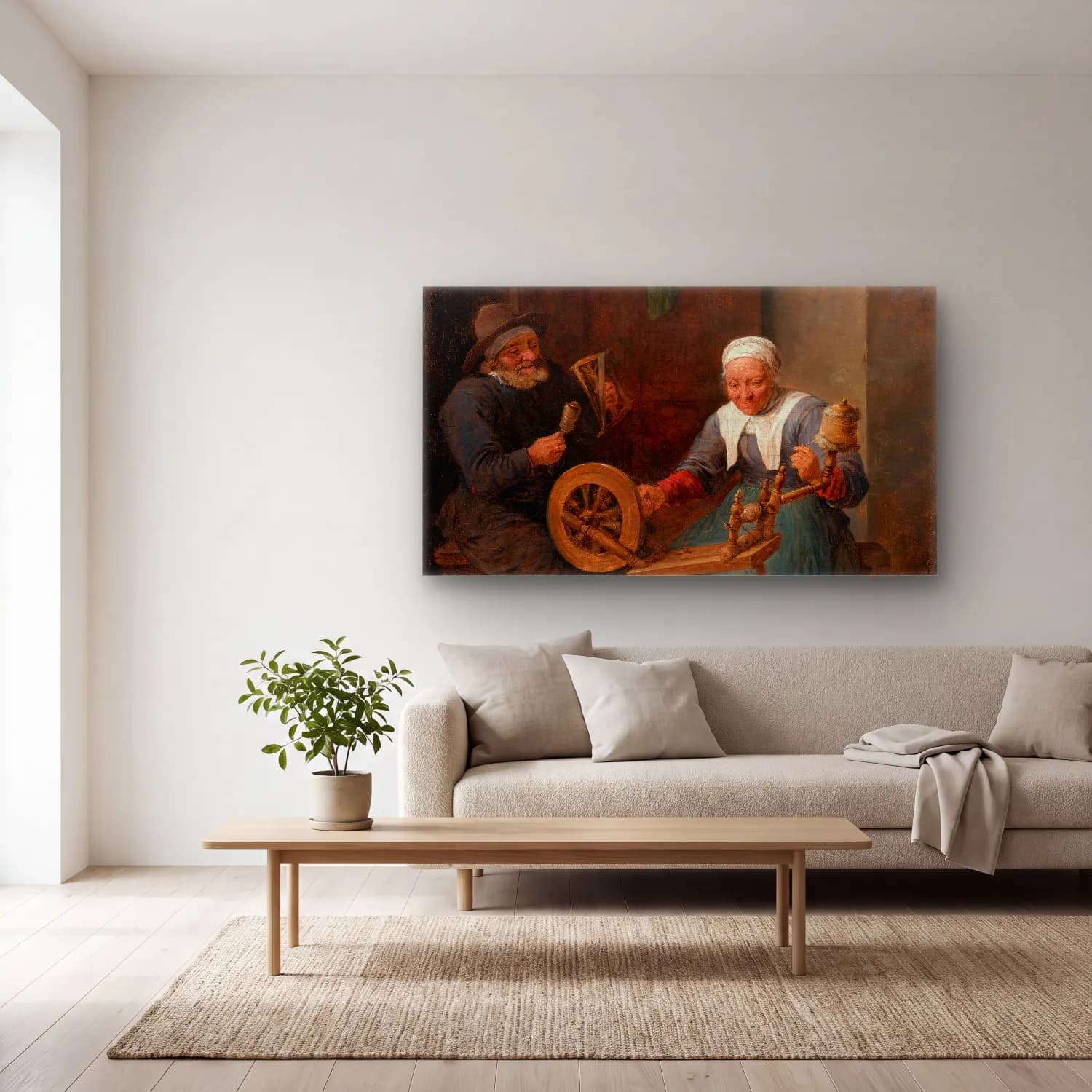 David Teniers The Younger – An Elderly Couple Spinning Wool in An Interior cam tablo — açık renk salonda