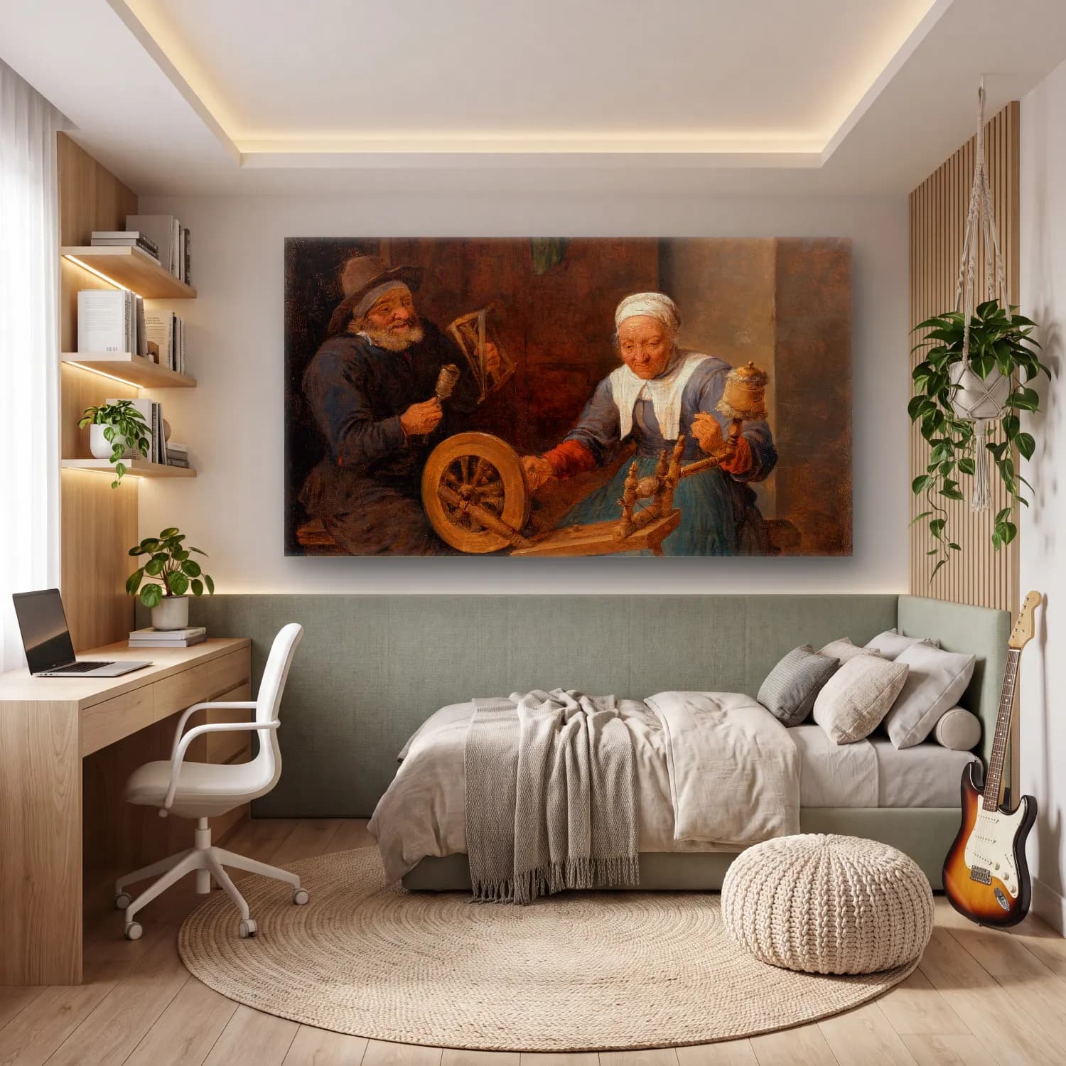 David Teniers The Younger – An Elderly Couple Spinning Wool in An Interior cam tablo — genç odasında