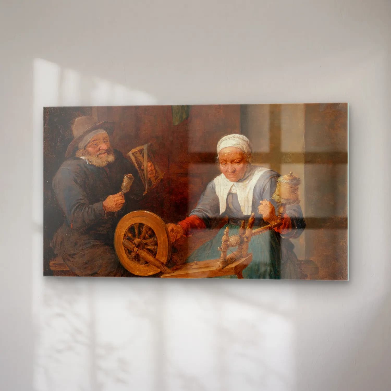 David Teniers The Younger – An Elderly Couple Spinning Wool in An Interior cam tablo — sağ açıdan görünüm