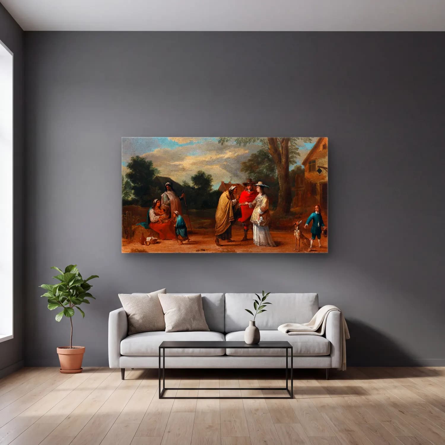 David Teniers The Younger – An Elegant Couple Meeting A Fortune Teller cam tablo — gri duvarlı salonda