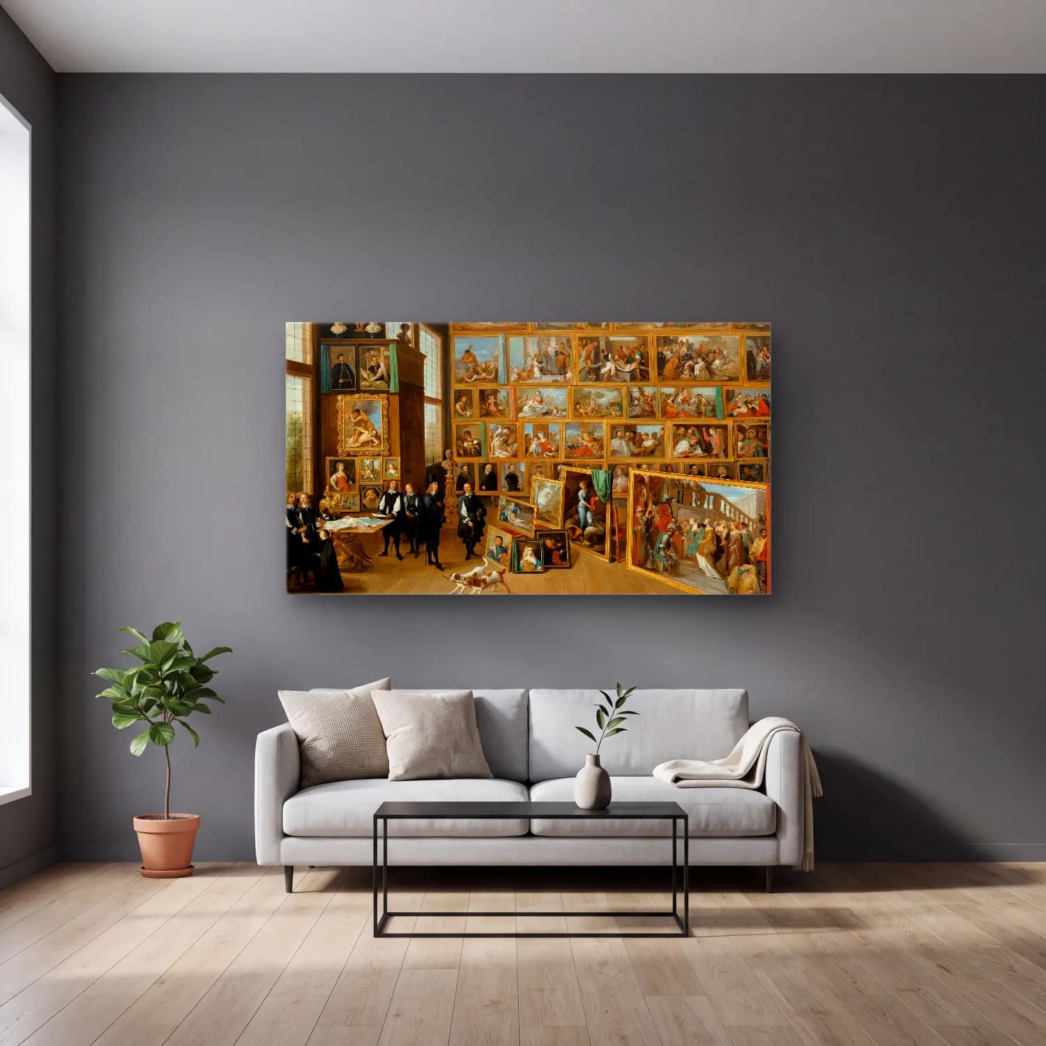 David Teniers The Younger – Archduke Leopold William in his Gallery at Brussels cam tablo — gri duvarlı salonda