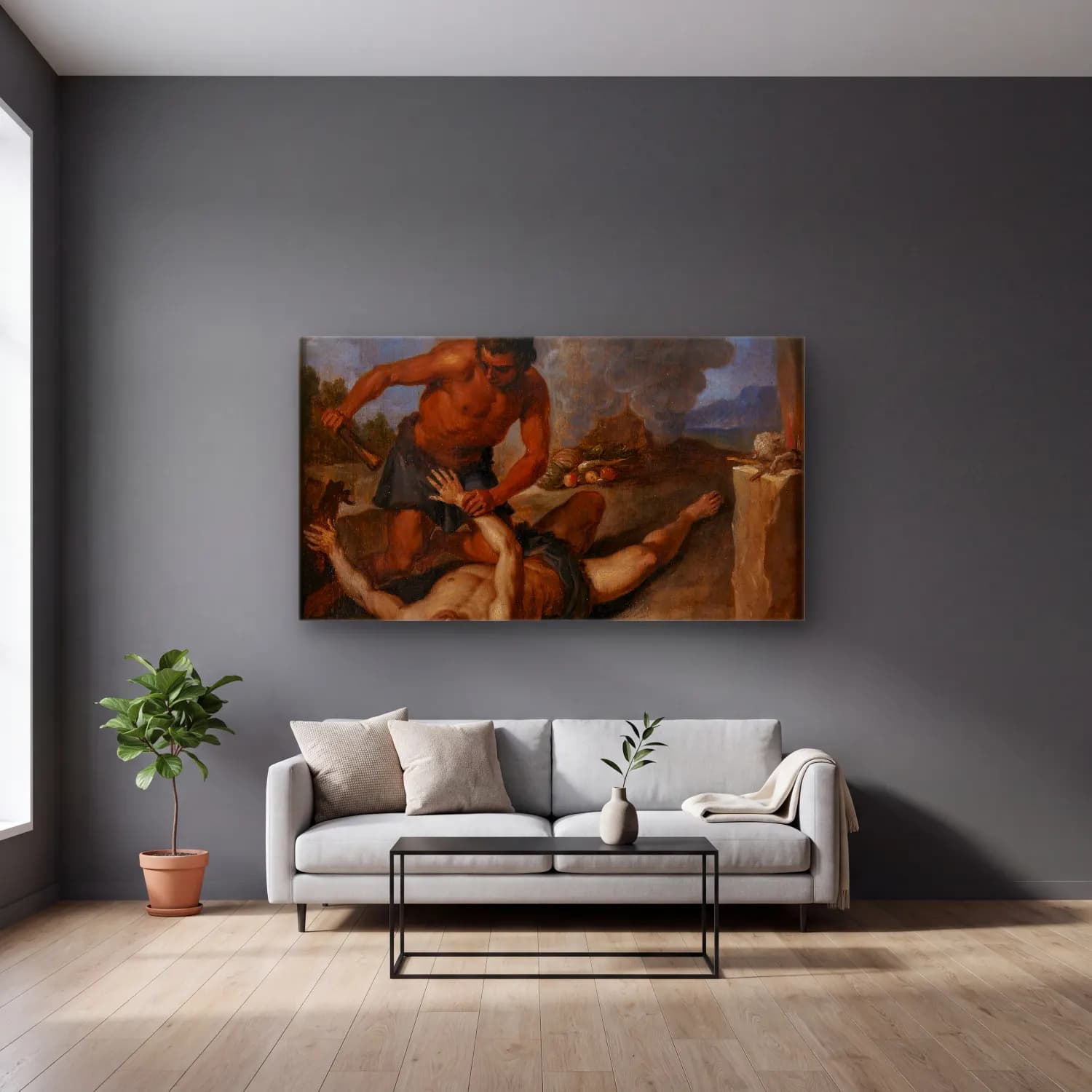 David Teniers The Younger – Cain Killing Abel cam tablo — gri duvarlı salonda
