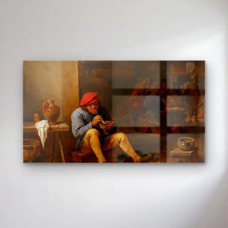 David Teniers The Younger – Farmer in a Tavern, Lighting his Pipe cam tablo — David Teniers The Younger – Farmer in a Tavern, Lighting his Pipe — yağlı boya erkek portresi