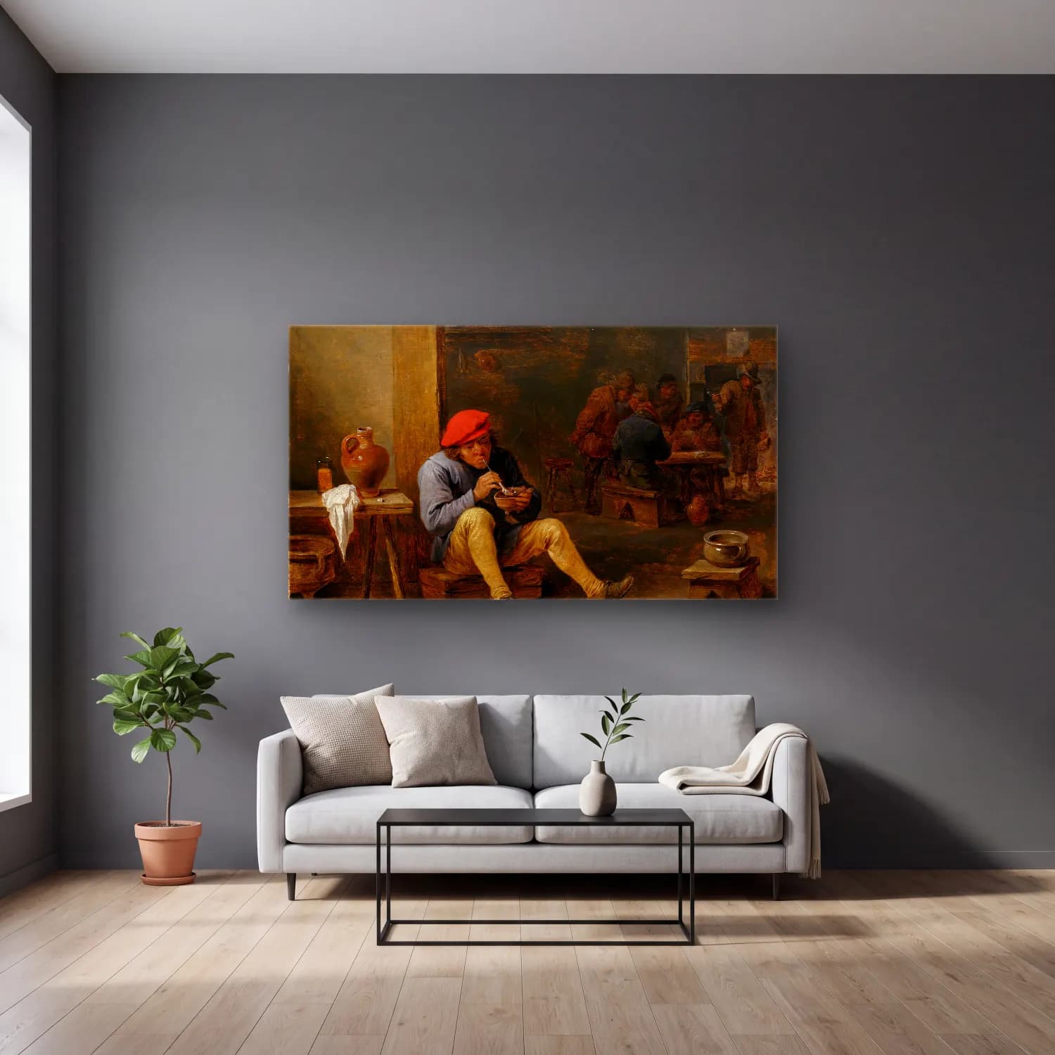 David Teniers The Younger – Farmer in a Tavern, Lighting his Pipe cam tablo — gri duvarlı salonda