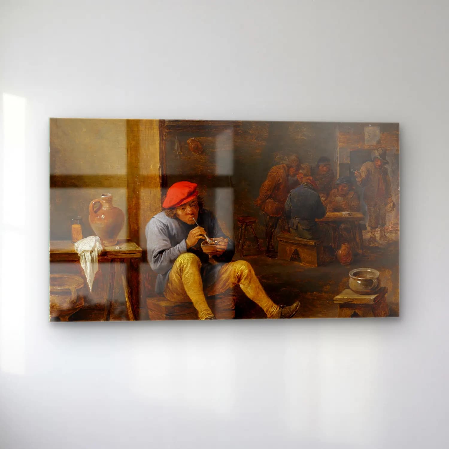 David Teniers The Younger – Farmer in a Tavern, Lighting his Pipe cam tablo — sol açıdan görünüm