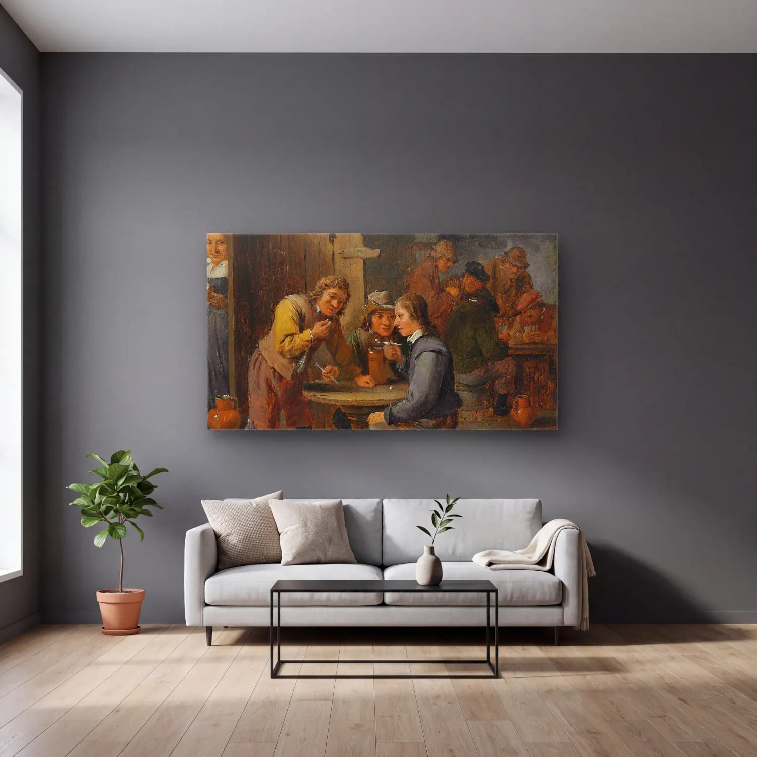 David Teniers The Younger – Figures in a tavern interior cam tablo — gri duvarlı salonda