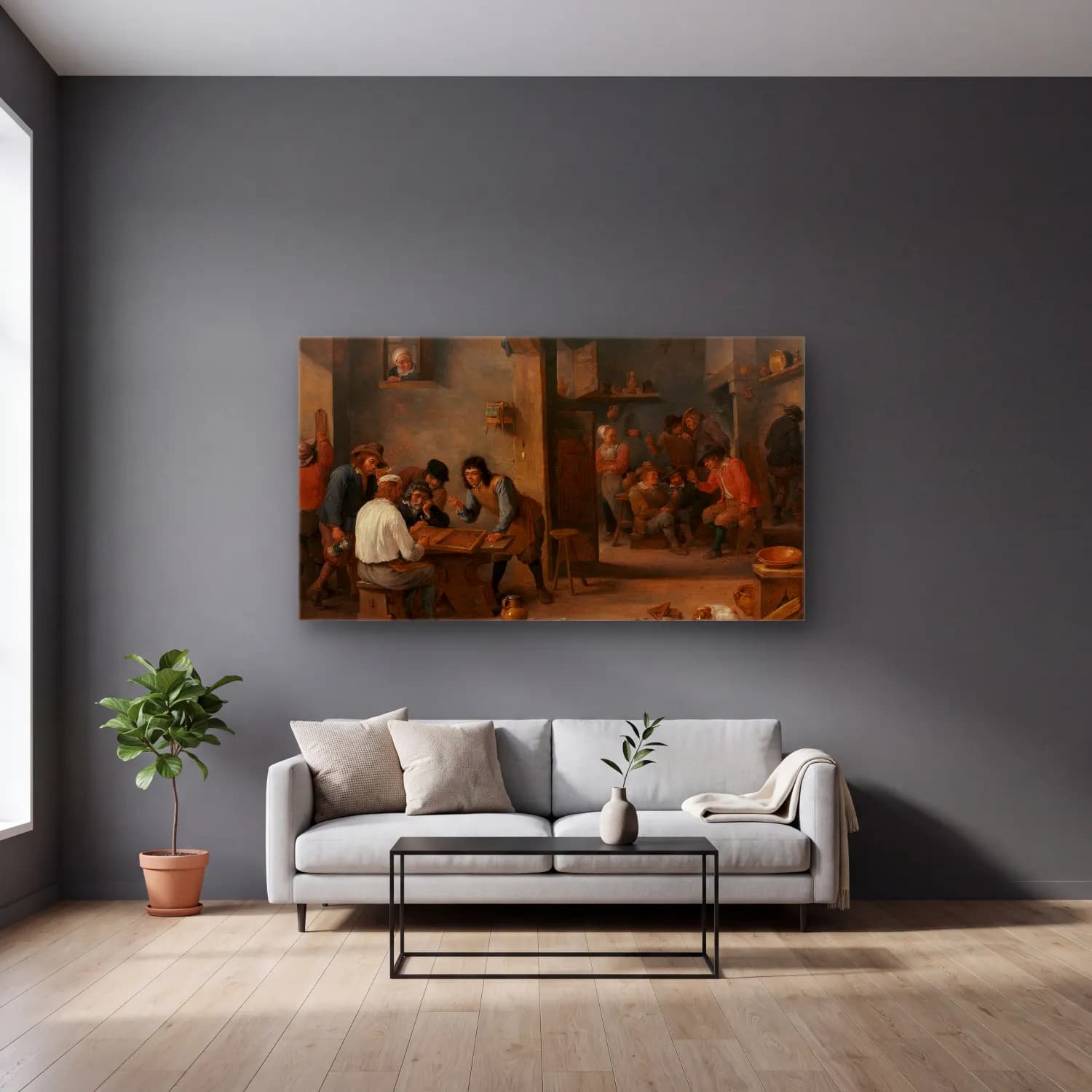 David Teniers The Younger – Game of Backgammon cam tablo — gri duvarlı salonda