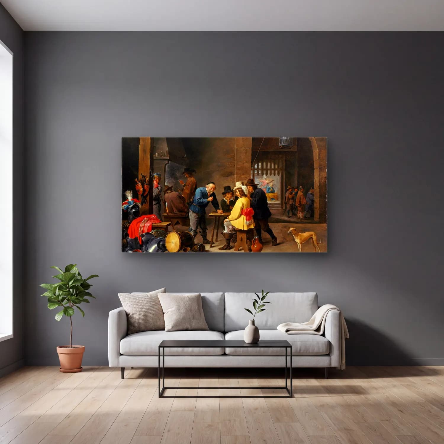 David Teniers The Younger – Guardroom with the Deliverance of Saint Peter (ca. 1645–47) cam tablo — gri duvarlı salonda