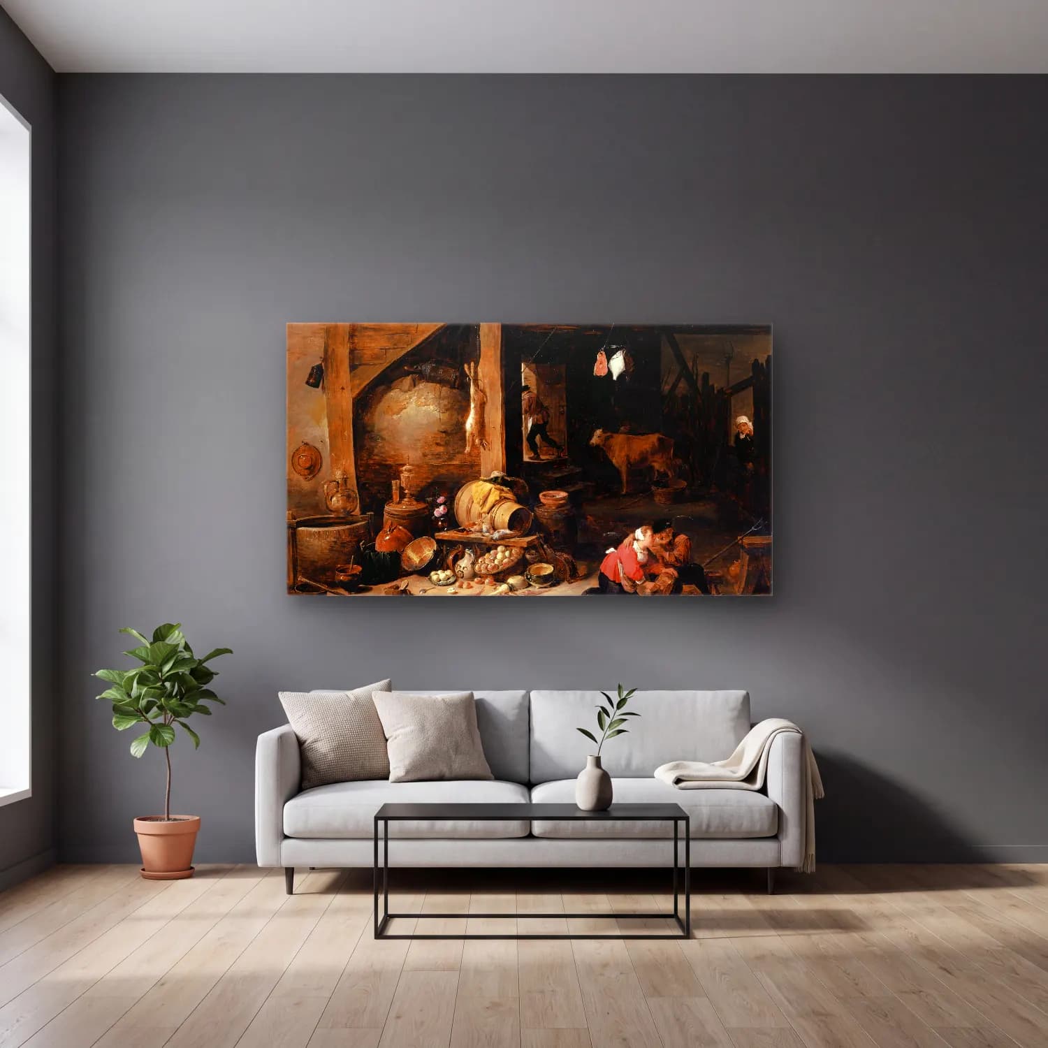 David Teniers The Younger – In the Stable cam tablo — gri duvarlı salonda
