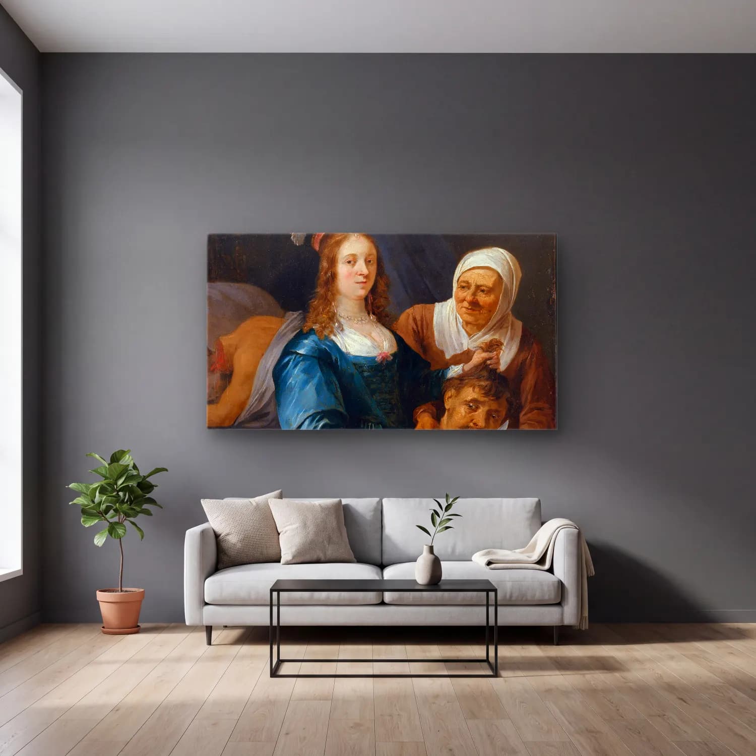 David Teniers The Younger – Judith with the Head of Holofernes cam tablo — gri duvarlı salonda