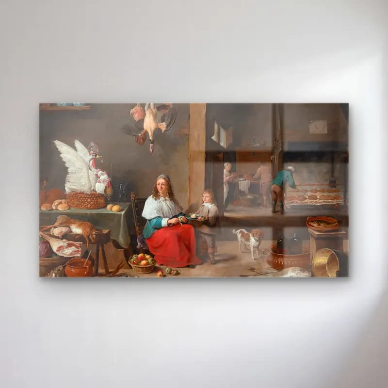 David Teniers The Younger – Kitchen Interior cam tablo — David Teniers The Younger – Kitchen Interior — yağlı boya anne ve çocuk
