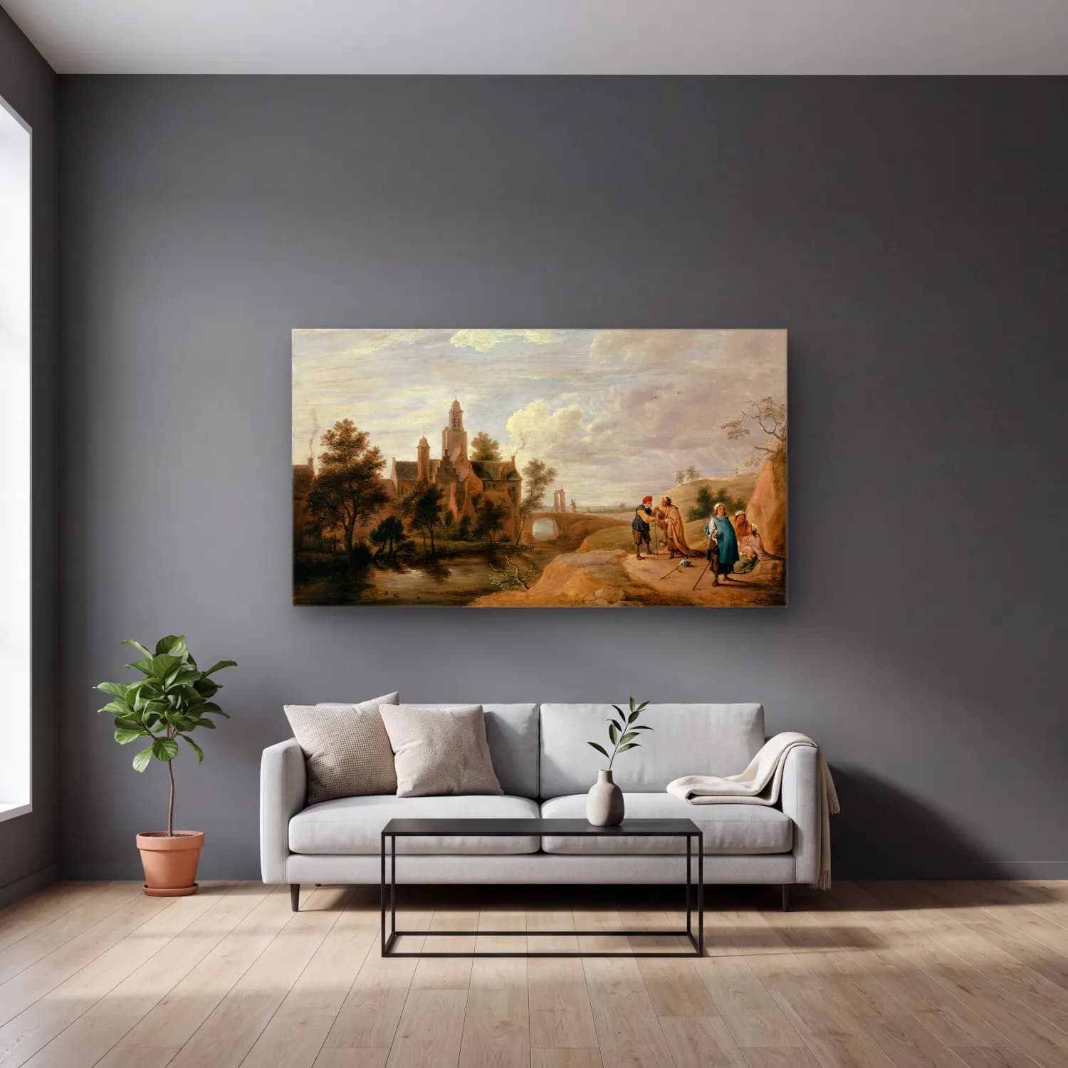 David Teniers The Younger – Landscape with Staffage Figures cam tablo — gri duvarlı salonda