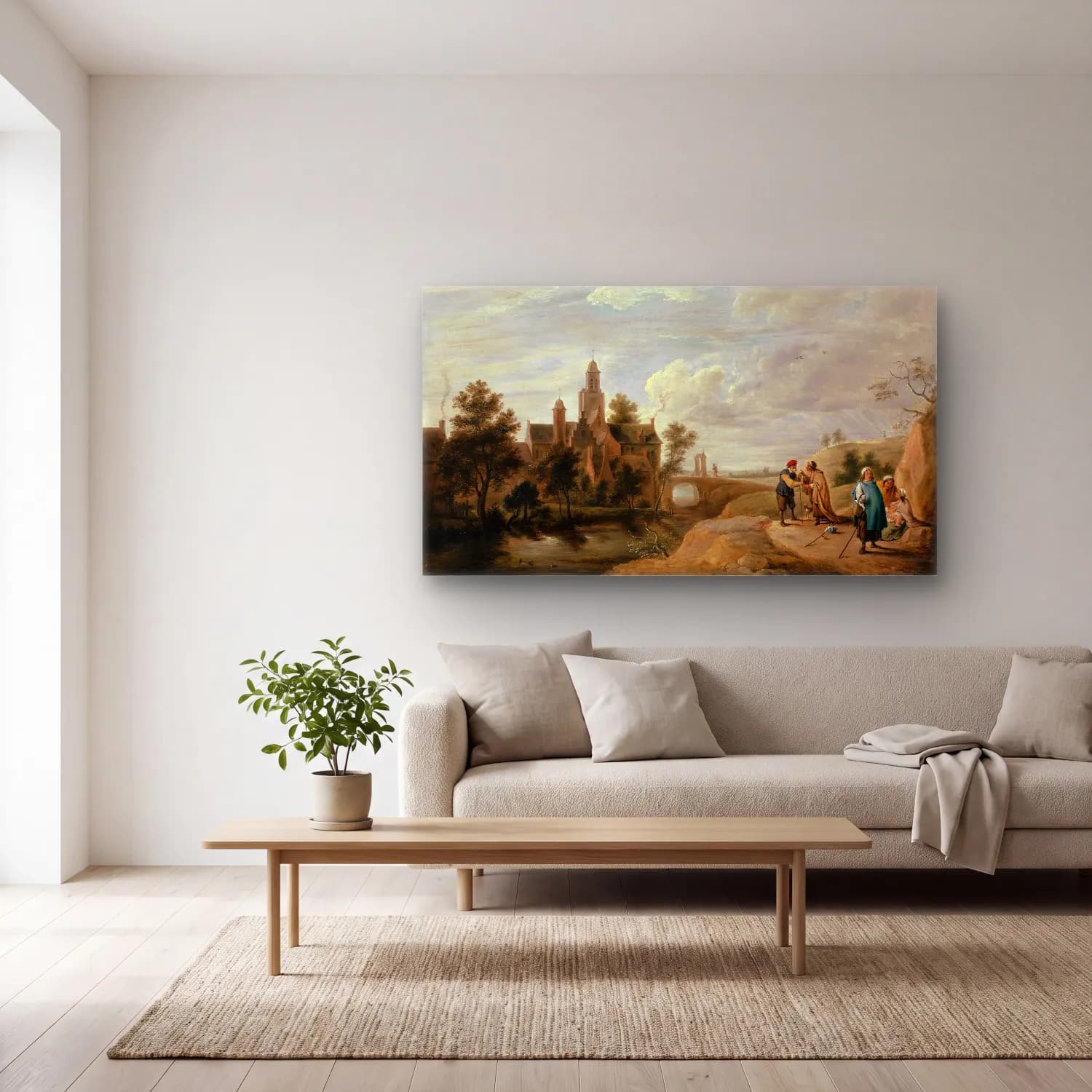 David Teniers The Younger – Landscape with Staffage Figures cam tablo — açık renk salonda