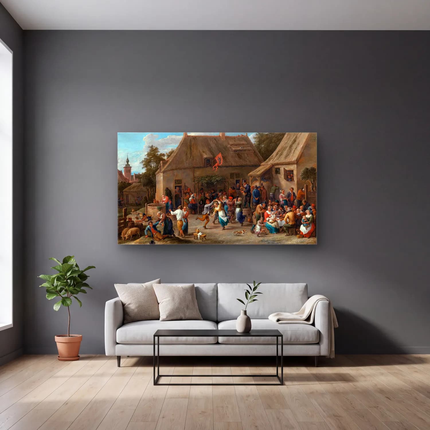 David Teniers The Younger – Peasant Kermis cam tablo — gri duvarlı salonda