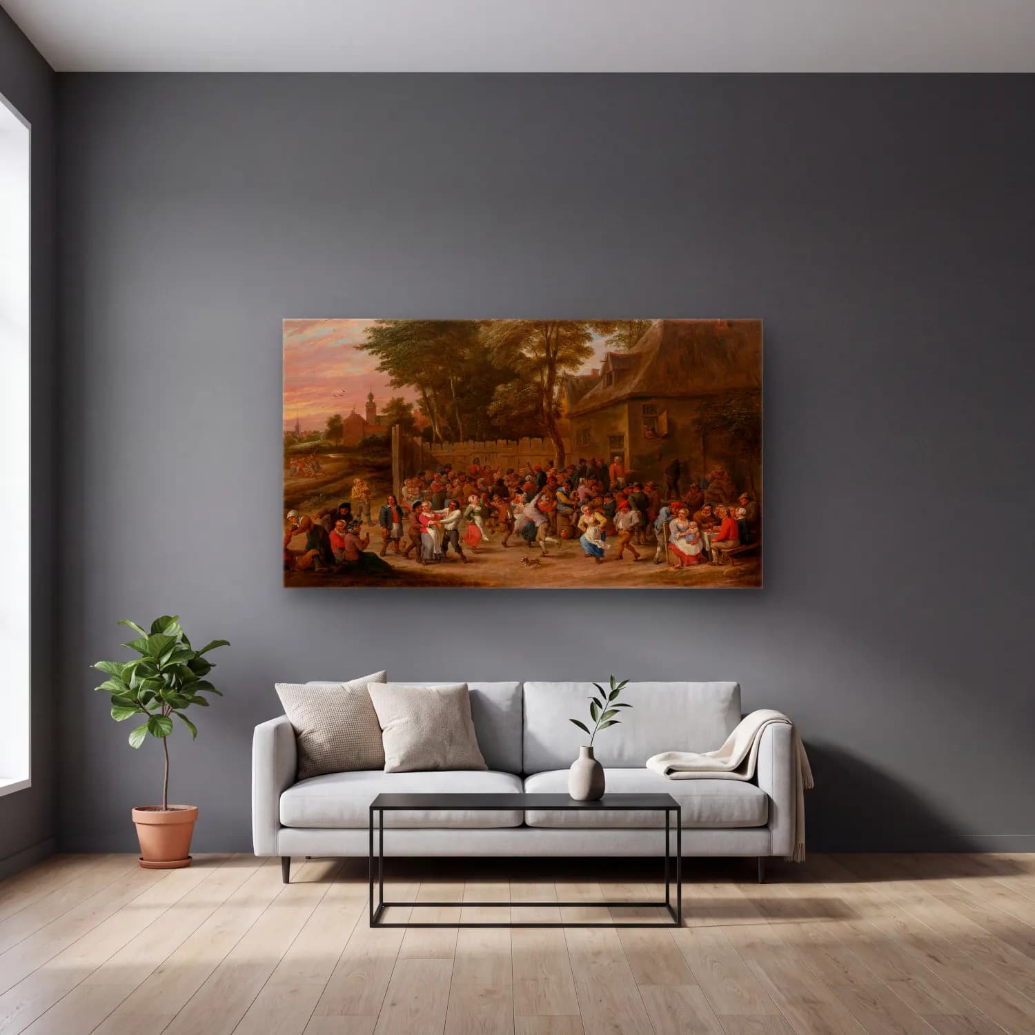 David Teniers The Younger – Peasants Dancing and Feasting (ca. 1660) cam tablo — gri duvarlı salonda