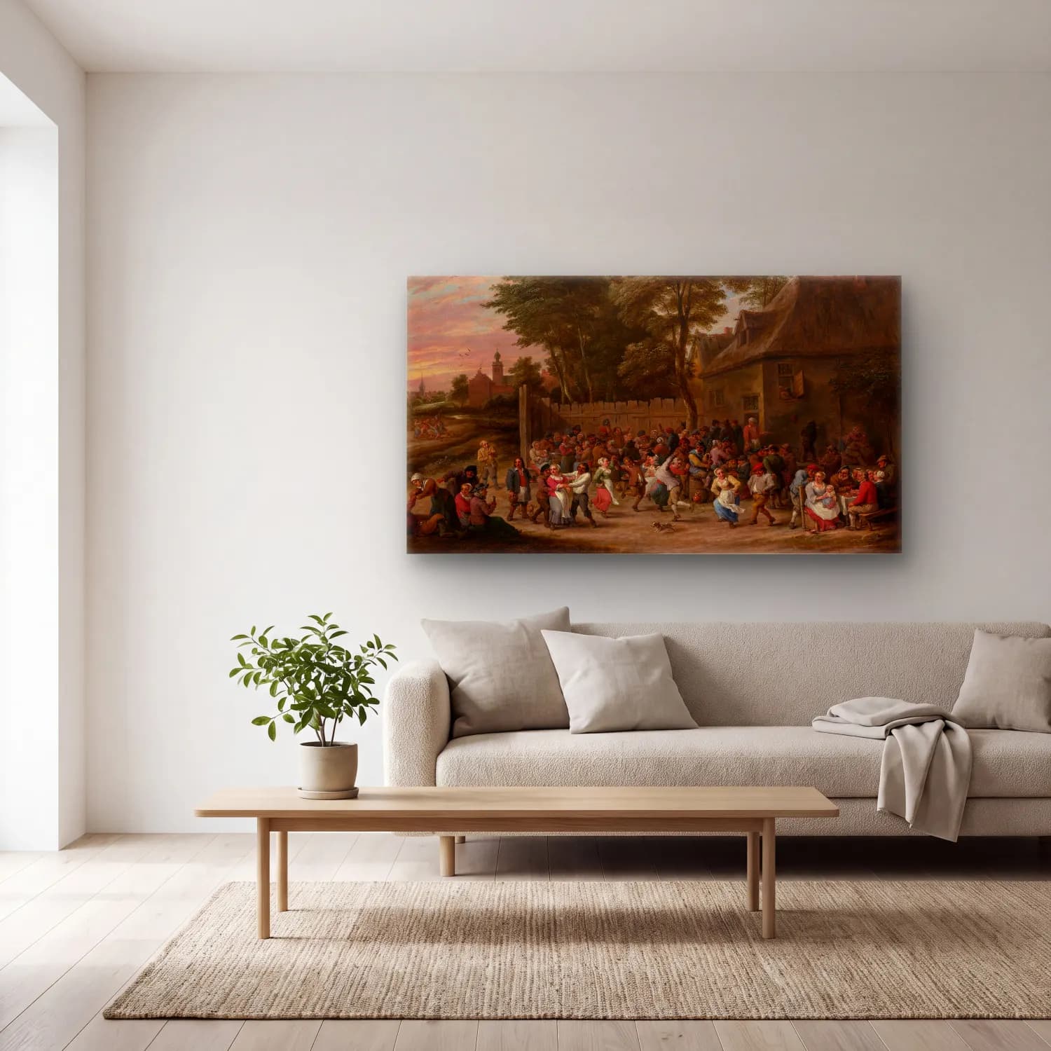 David Teniers The Younger – Peasants Dancing and Feasting (ca. 1660) cam tablo — açık renk salonda