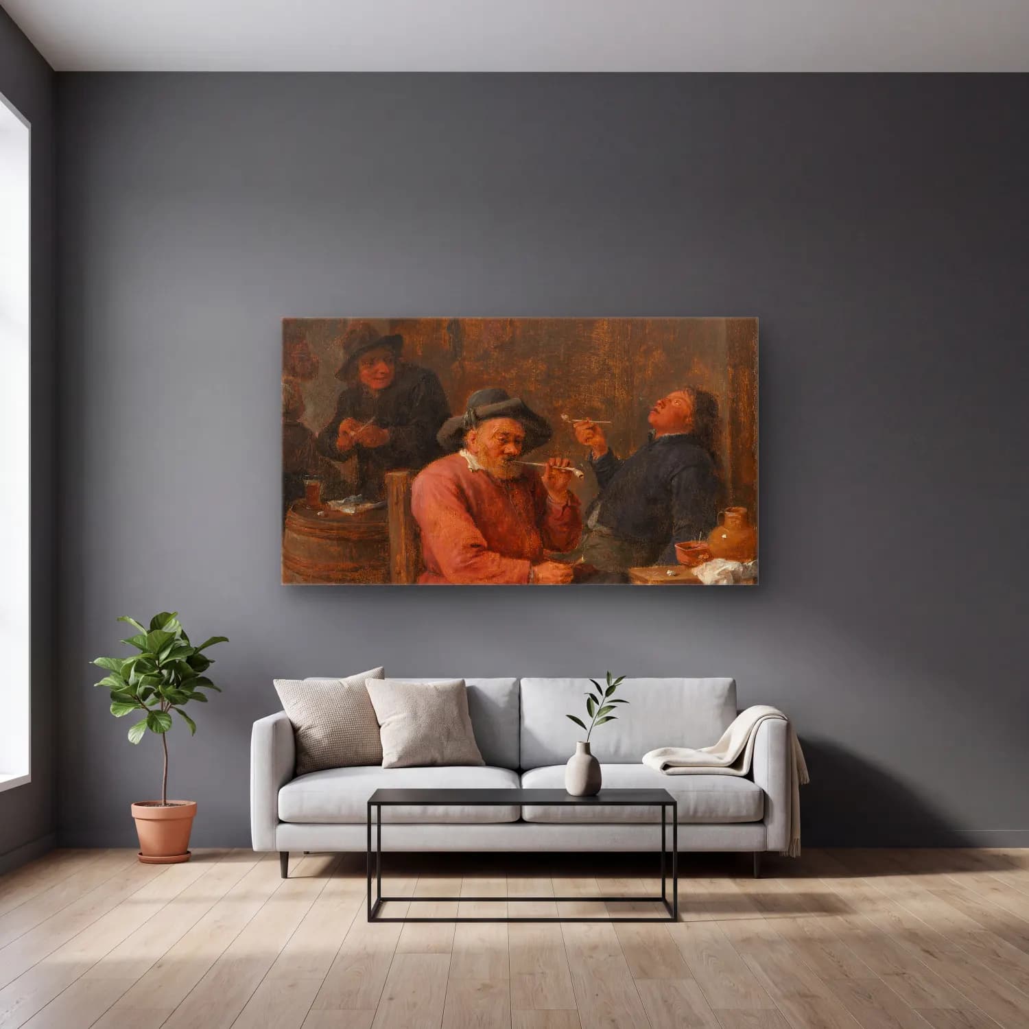 David Teniers The Younger – Peasants Smoking in an Inn cam tablo — gri duvarlı salonda