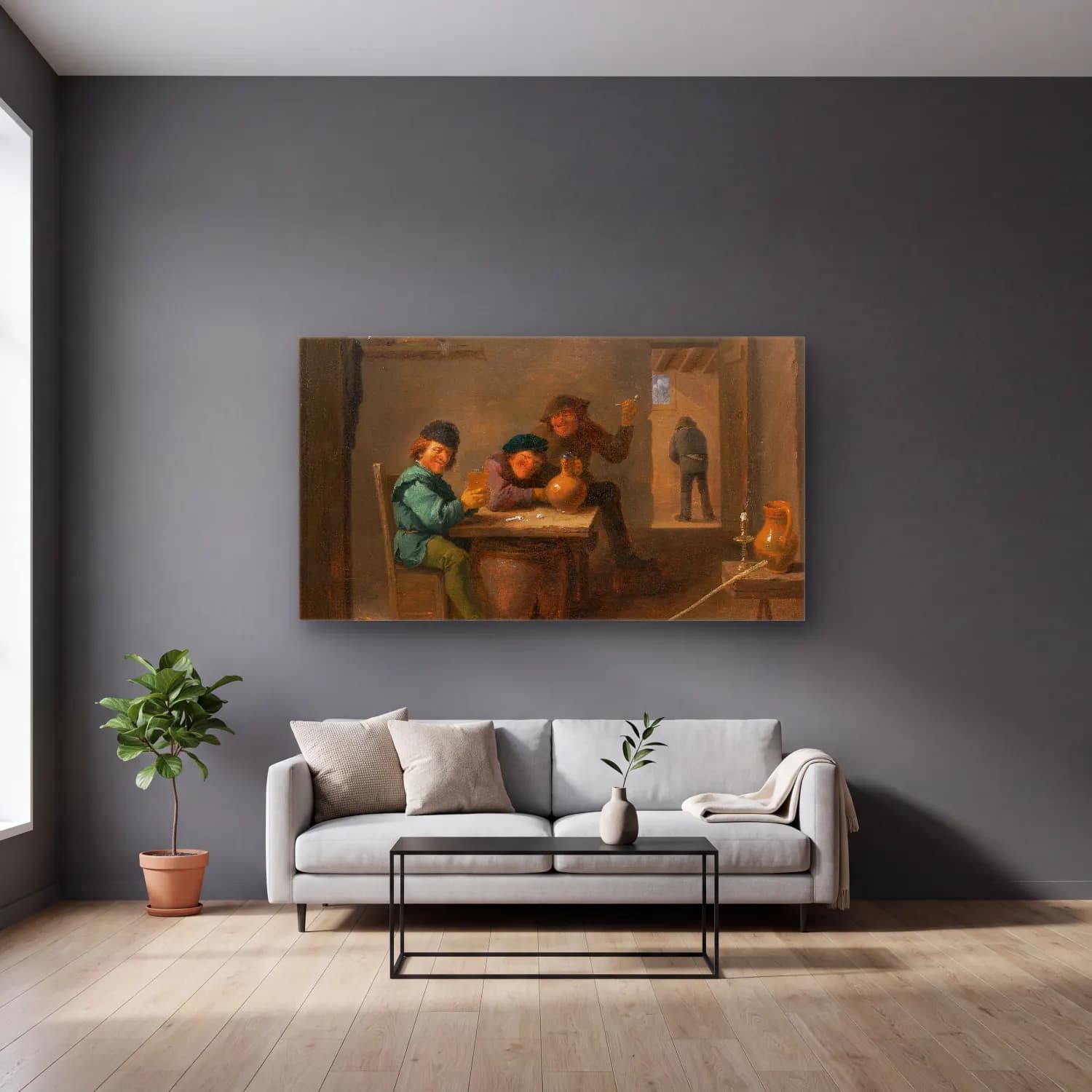 David Teniers The Younger – Peasants in a Tavern cam tablo — gri duvarlı salonda