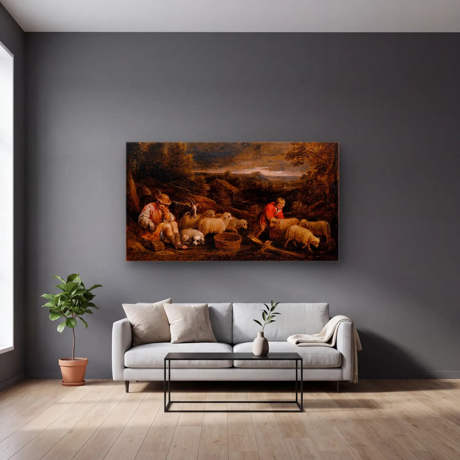 David Teniers The Younger – Shepherds and Sheep cam tablo — gri duvarlı salonda