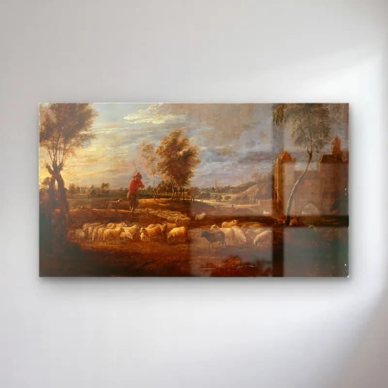 David Teniers The Younger – Sunset Landscape with a Shepherd and his Flock cam tablo — David Teniers The Younger – Sunset Landscape with a Shepherd and his Flock — yağlı boya koyun