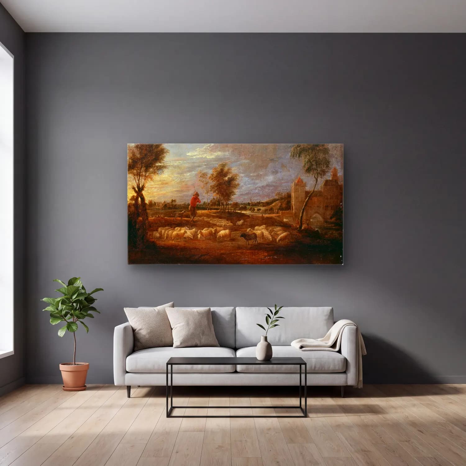 David Teniers The Younger – Sunset Landscape with a Shepherd and his Flock cam tablo — gri duvarlı salonda