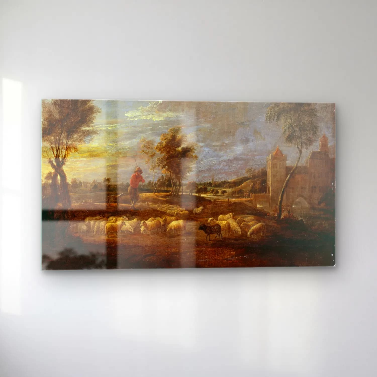 David Teniers The Younger – Sunset Landscape with a Shepherd and his Flock cam tablo — sol açıdan görünüm