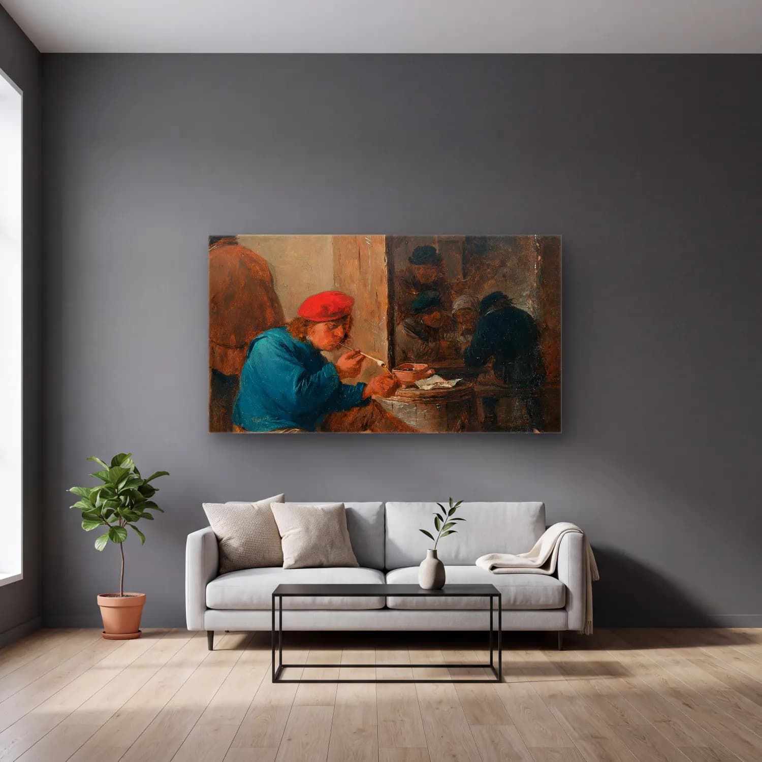 David Teniers The Younger – Tavern Scene with Smokers cam tablo — gri duvarlı salonda