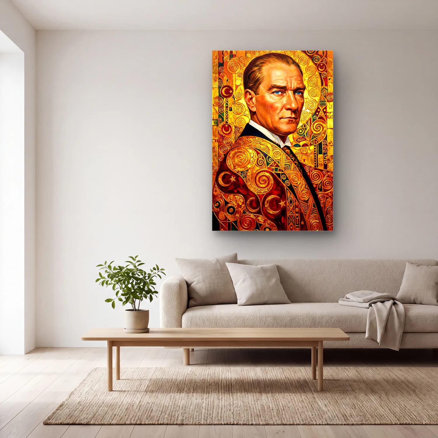 Atatürk Altın Varak Art Deco Portre cam tablo — açık renk salonda
