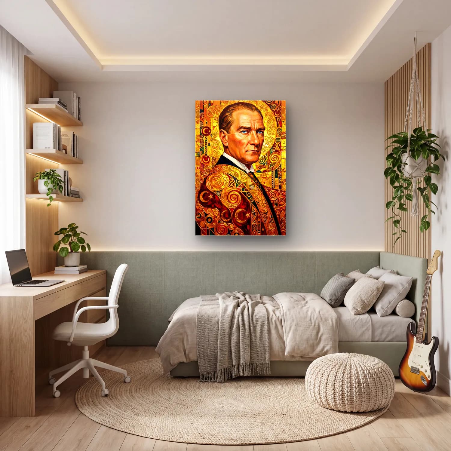 Atatürk Altın Varak Art Deco Portre cam tablo — genç odasında