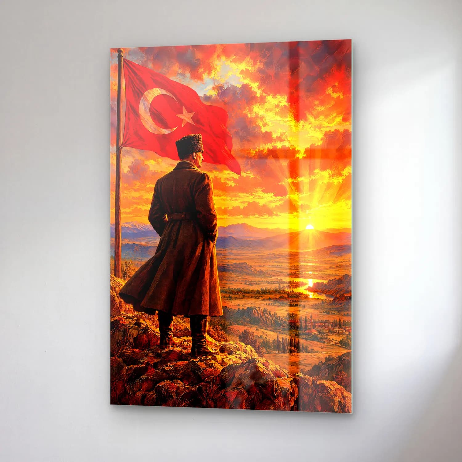 Atatürk Kocatepe Şafağı 1922 Türk Bayrağı ve Gün Doğumu cam tablo — sağ açıdan görünüm