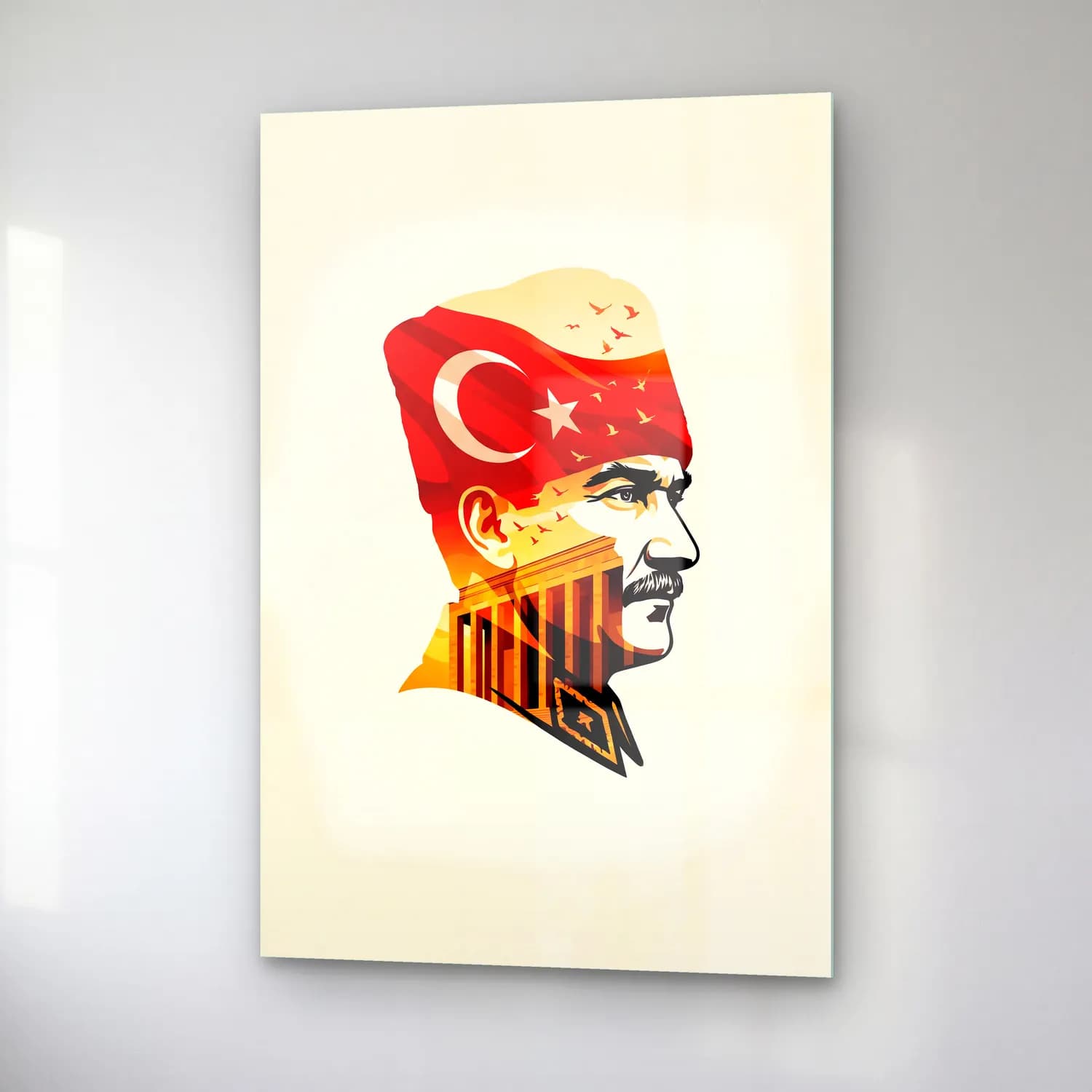 Atatürk Çift Pozlama Portre Türk Bayrağı ve Anıtkabir cam tablo — sağ açıdan görünüm