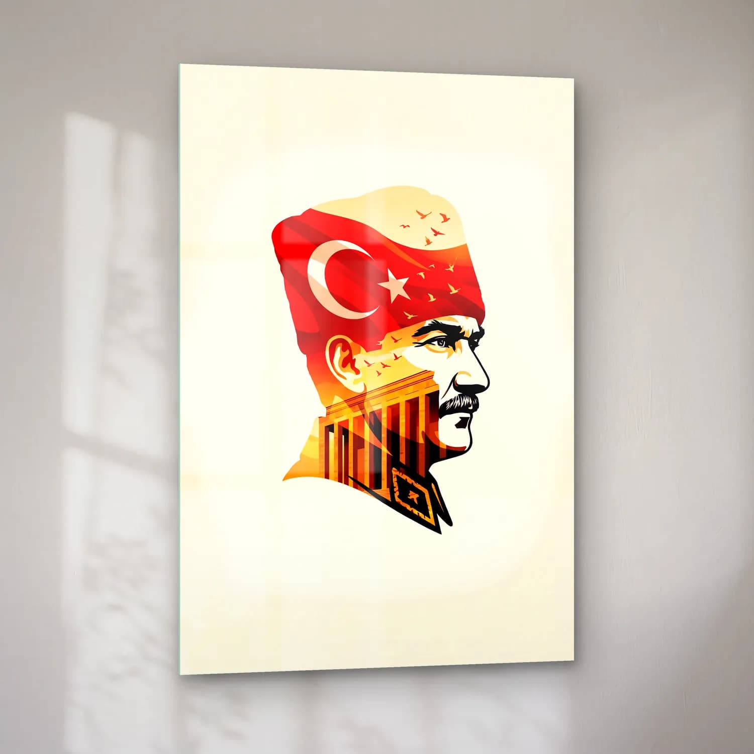 Atatürk Çift Pozlama Portre Türk Bayrağı ve Anıtkabir cam tablo — sol açıdan görünüm