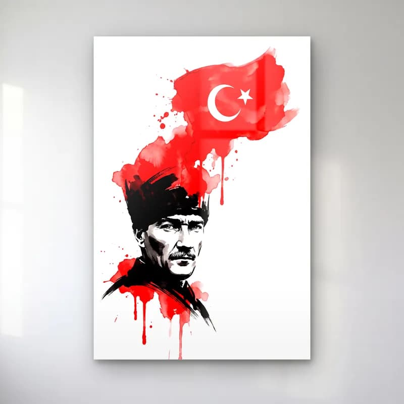 Atatürk Mürekkep ve Kırmızı Suluboya Portre Türk Bayrağı cam tablo — ürün görünümü