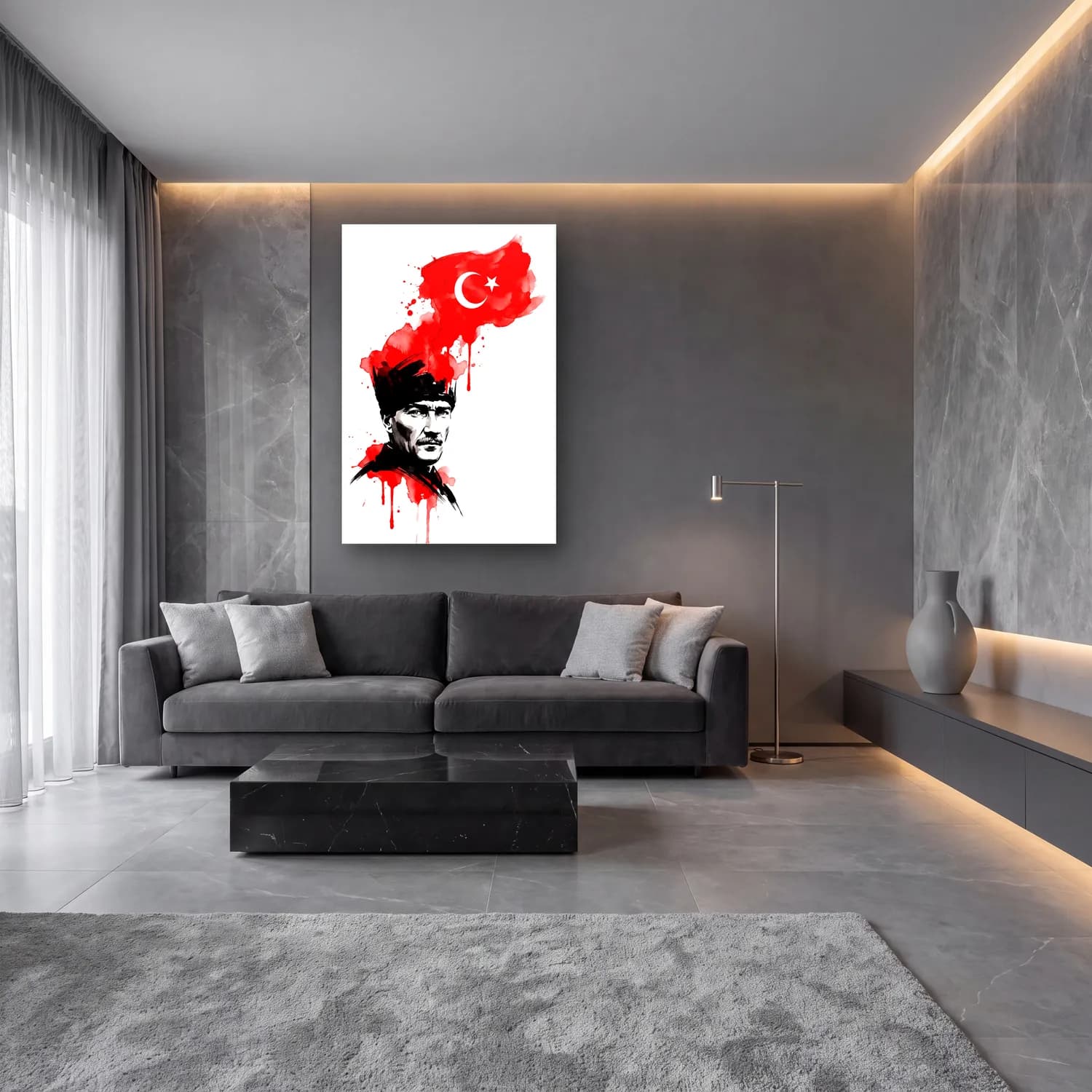 Atatürk Mürekkep ve Kırmızı Suluboya Portre Türk Bayrağı cam tablo — lüks salon duvarında