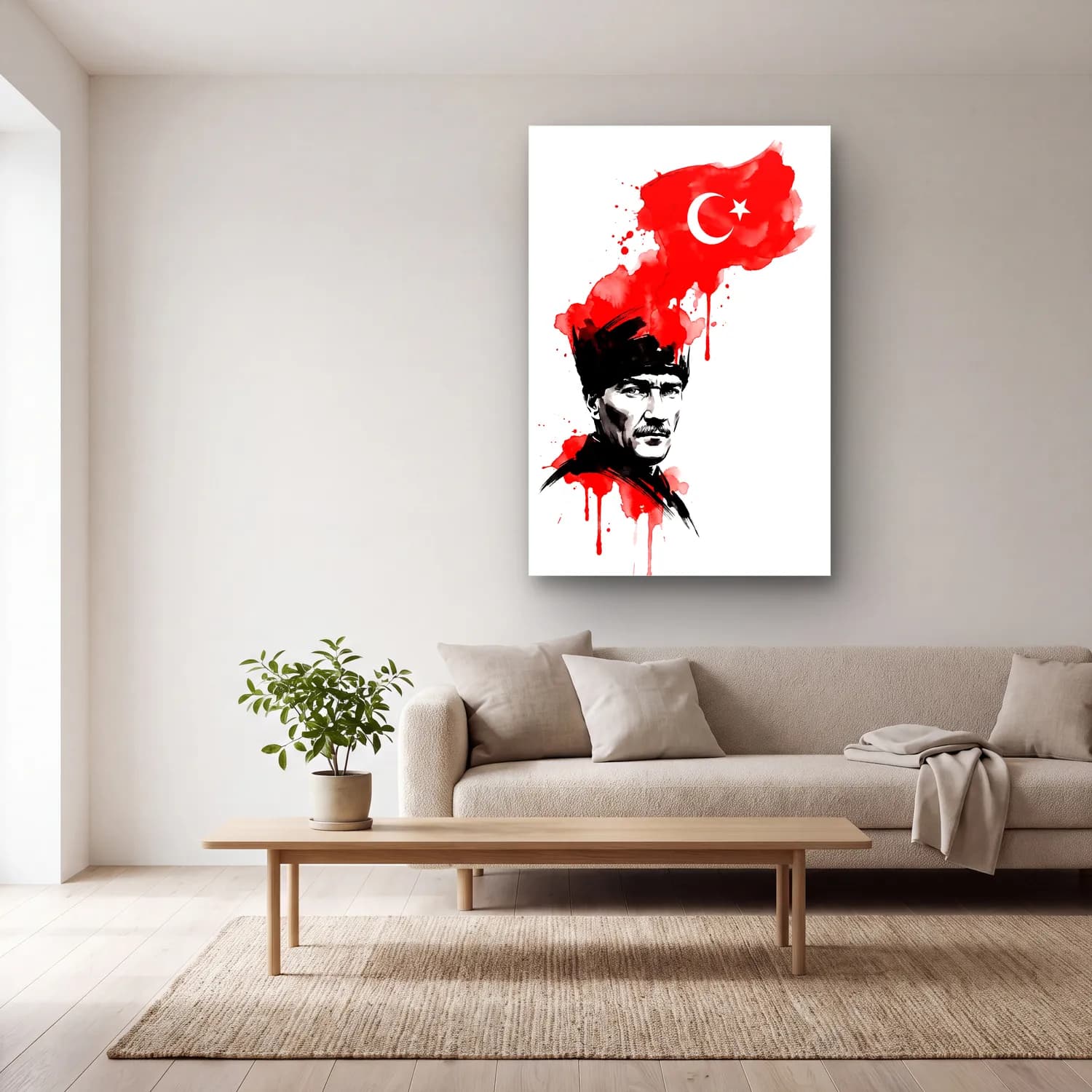 Atatürk Mürekkep ve Kırmızı Suluboya Portre Türk Bayrağı cam tablo — açık renk salonda
