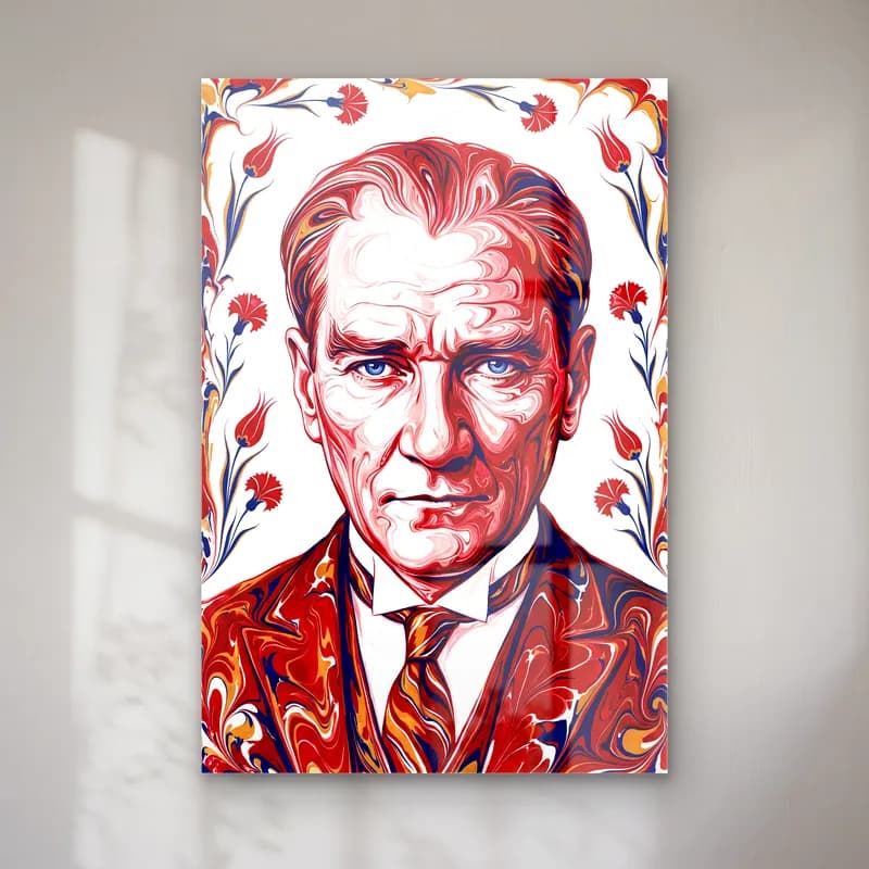 Atatürk Ebru Sanatı Portre Lale Motifli cam tablo — ürün görünümü