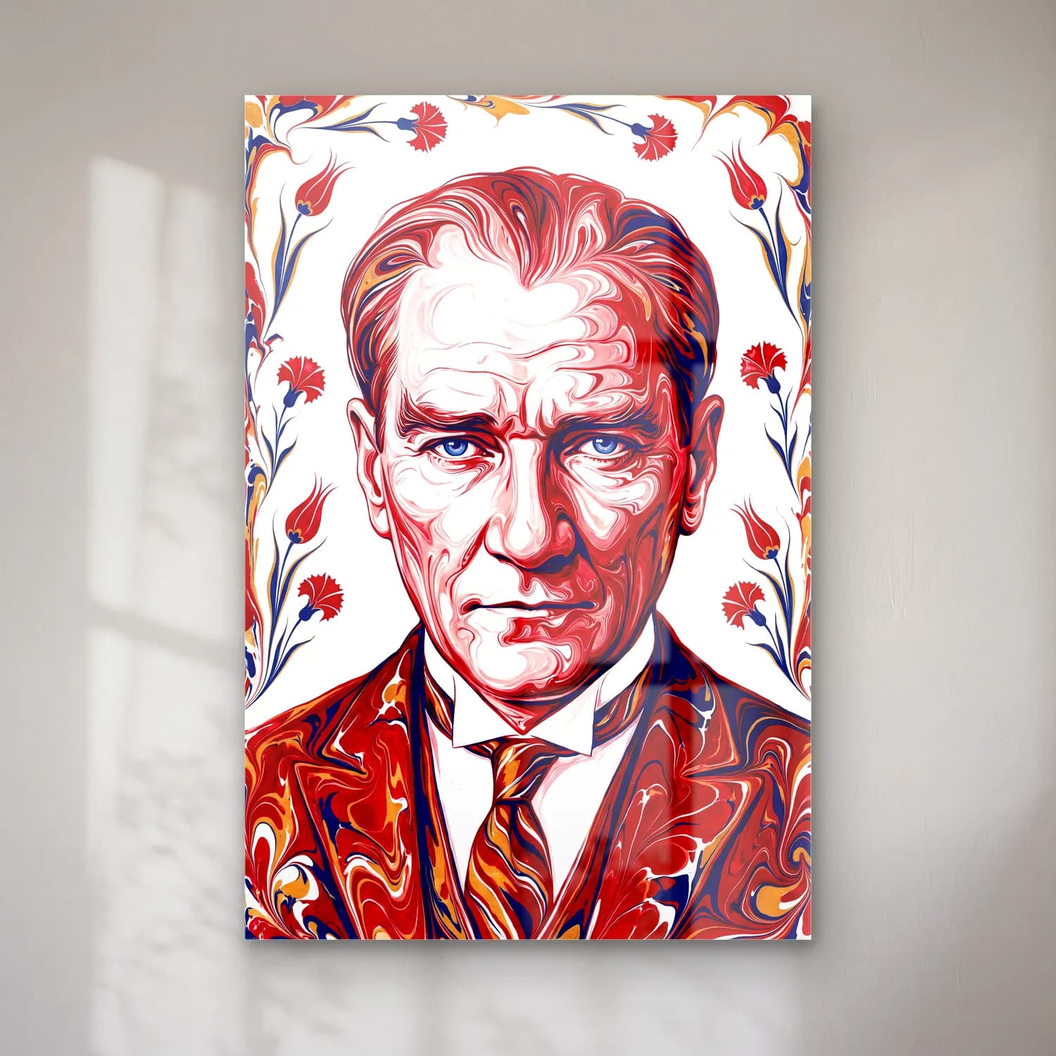 Atatürk Ebru Sanatı Portre Lale Motifli cam tablo — ürün görünümü