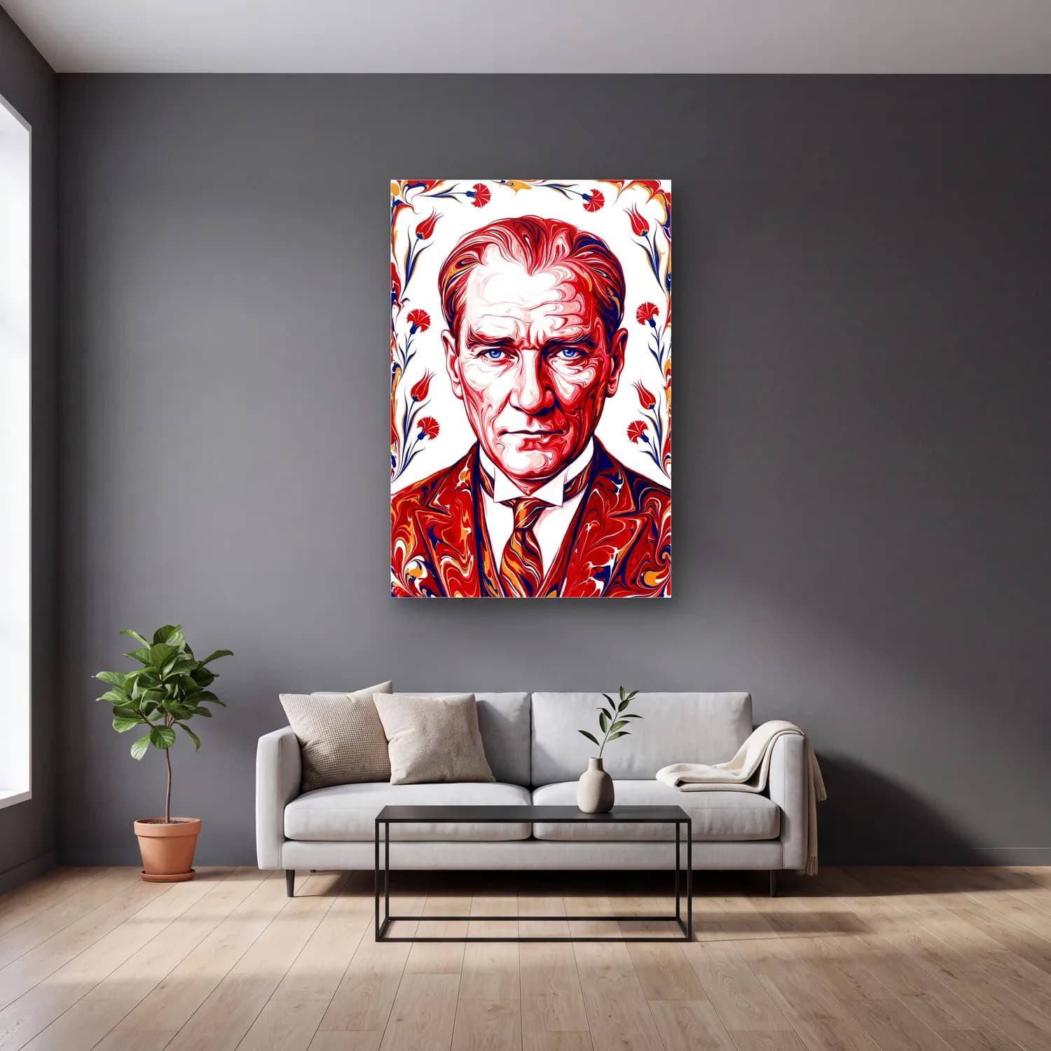 Atatürk Ebru Sanatı Portre Lale Motifli cam tablo — gri duvarlı salonda