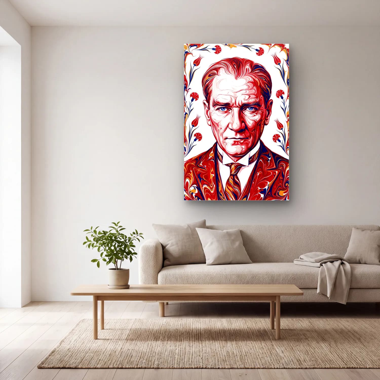 Atatürk Ebru Sanatı Portre Lale Motifli cam tablo — açık renk salonda