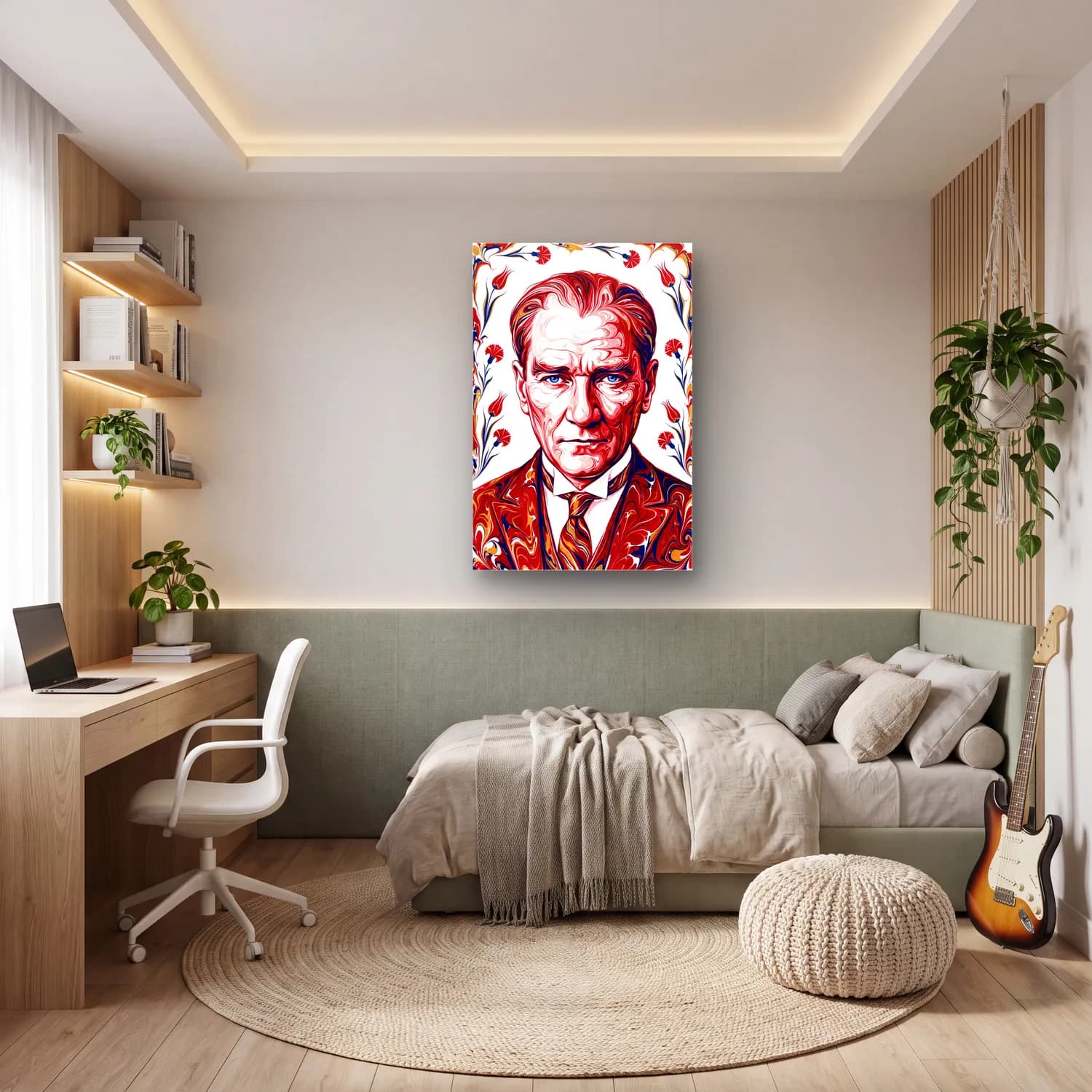 Atatürk Ebru Sanatı Portre Lale Motifli cam tablo — genç odasında