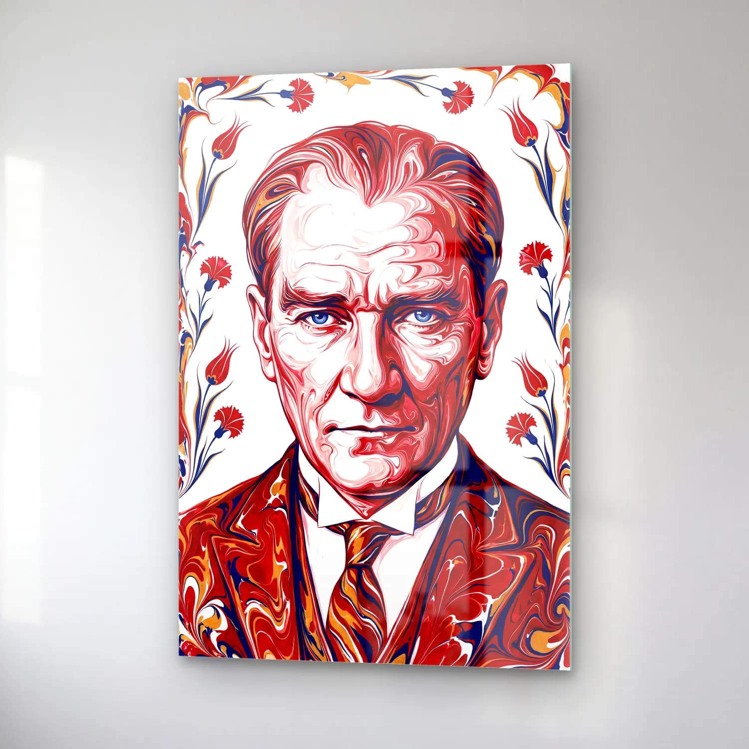 Atatürk Ebru Sanatı Portre Lale Motifli cam tablo — sağ açıdan görünüm