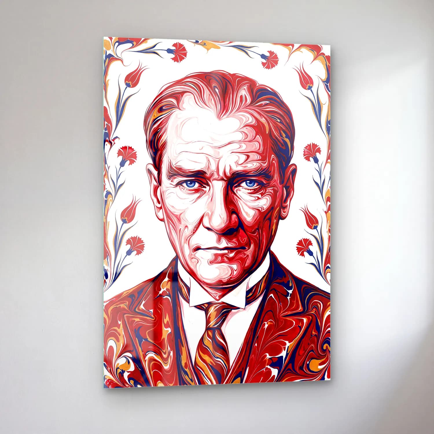 Atatürk Ebru Sanatı Portre Lale Motifli cam tablo — sol açıdan görünüm