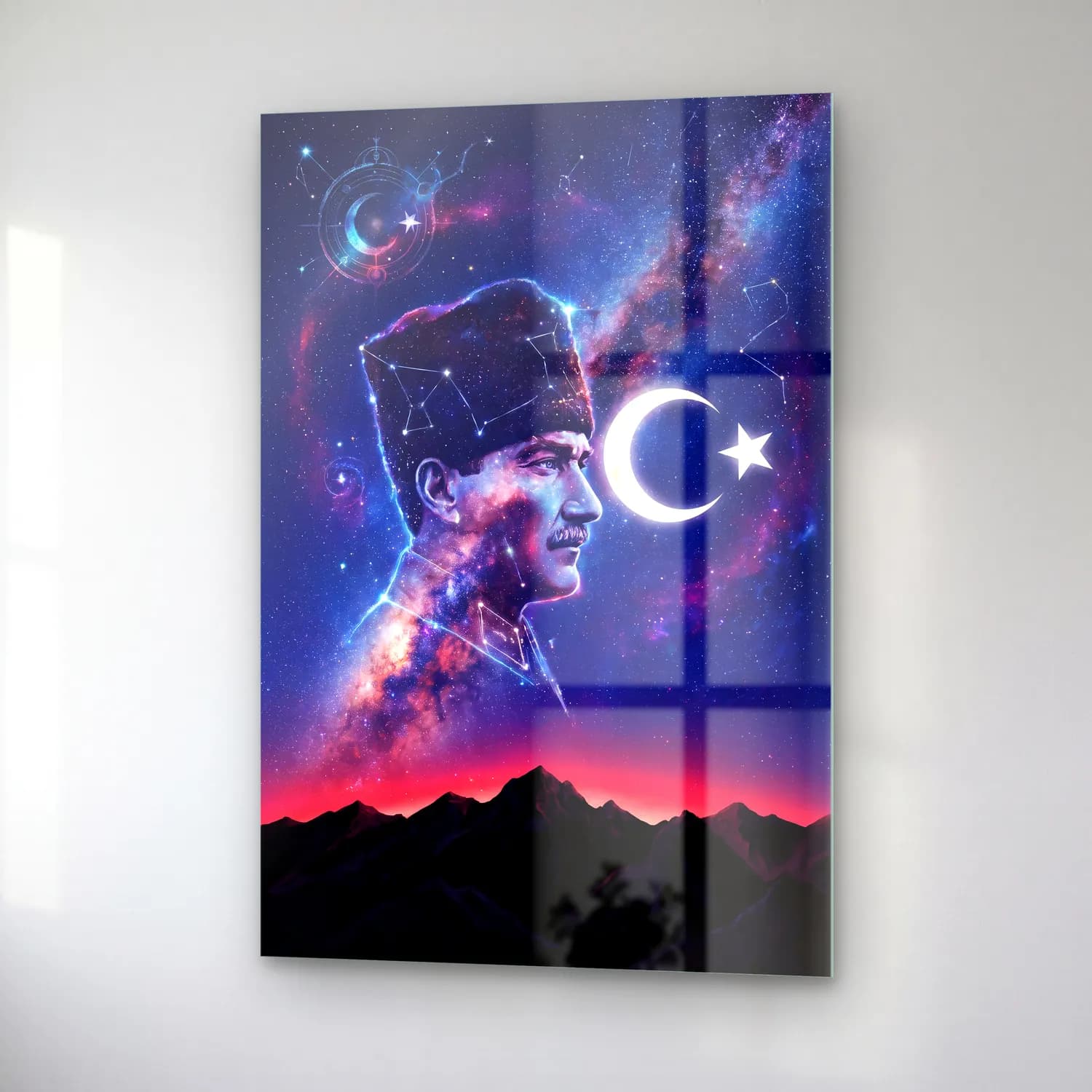 Atatürk Yıldızlarla Çizilmiş Profil Ay Yıldız ve Galaksi cam tablo — sağ açıdan görünüm