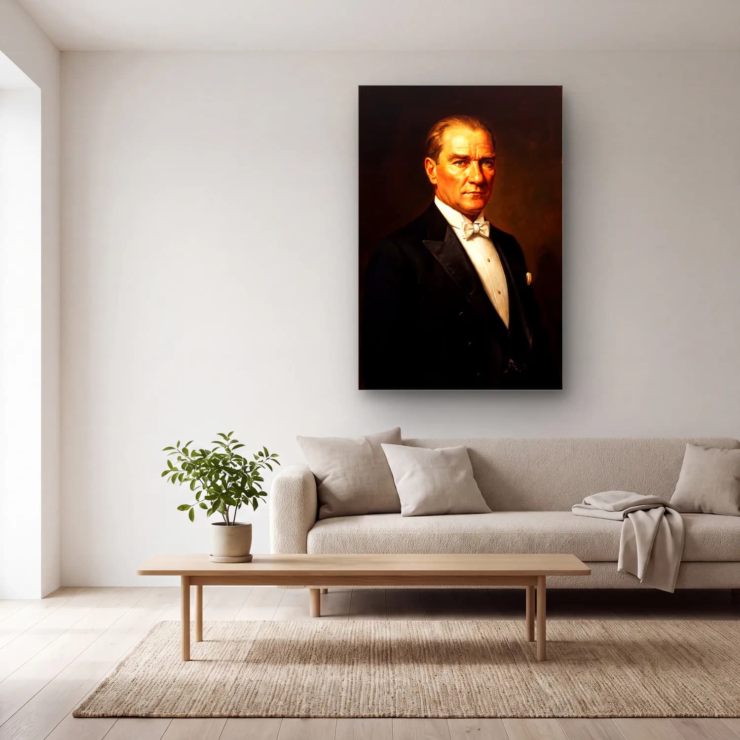 Atatürk Klasik Yağlı Boya Portre Rembrandt Işığı cam tablo — açık renk salonda